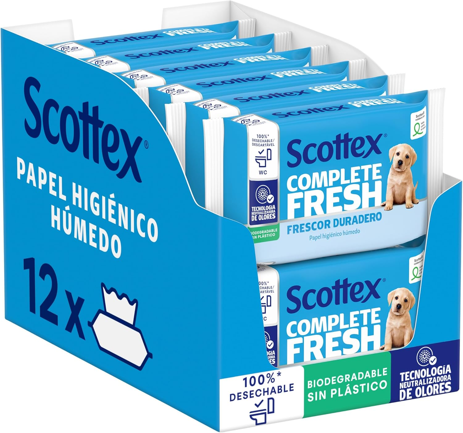 Scottex ▫️ Fresh Moist Tissue com Água Micelar e Vitamina E, Biodegradável e Sem Plástico, Caixa 12 pacotes de 38 serviços, Total 456 Toalhetes Húmidos Descartáveis por WC