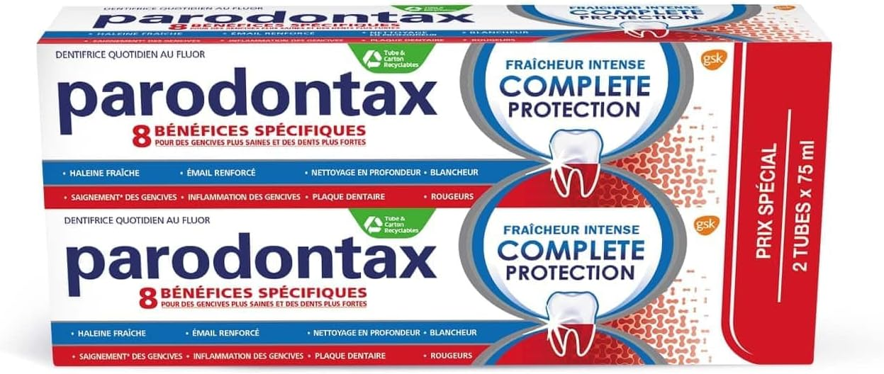 Parodontax ▫️ Dentifrício Proteção Completa Fraîcheur Intense, 8 Bénéfices, Contra o Sinal Ocasional dos Genitais, Formato Bitube (2 x 75 ml)