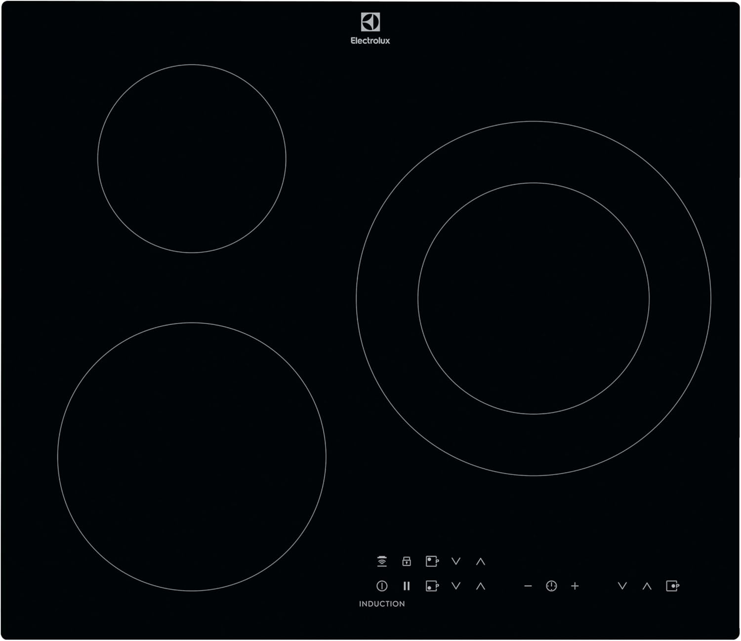 Electrolux ▫️ LIT60336 Placa de indução, Biselada, 3 zonas extra-plana, Função ponte, Aquecimento rápido automático, Compatível com ligação ao exaustor, Temporizador, Controlo tátil, Preto, 60 cm