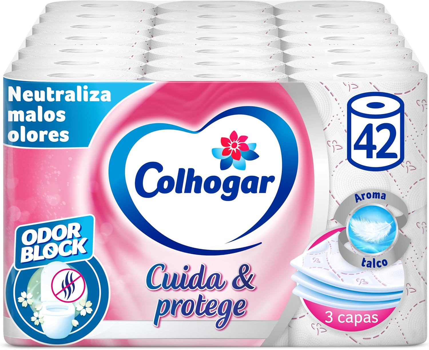 Colhogar ▫️ Protect Cuida&Protege Odor Block 7x6 - Tecido Higiénico Suave e Resistente - Embalagem de 42 rolos - 3 Ply - rolos brancos com fragrância de pó de talco