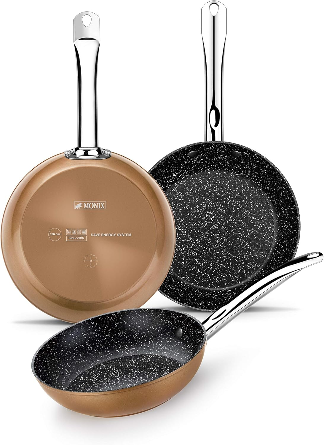 Monix ▫️ Copper Conjunto de 3 frigideiras 20-24-28 cm, efeito cobre, antiaderente de alumínio forjado com partículas de titânio, adequado para todos os tipos de fogões, incluindo indução