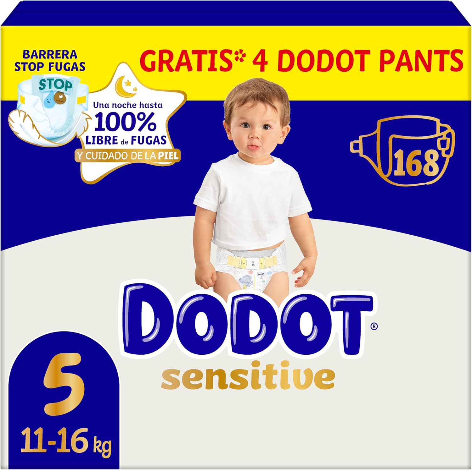 DODOT ▫️ Baby Sensitive Nappies, tamanho 5 (11-16 kg), 168 fraldas + 4 calças grátis, até 12 horas de proteção anti-fugas e cuidados da pele, embalagem mensal