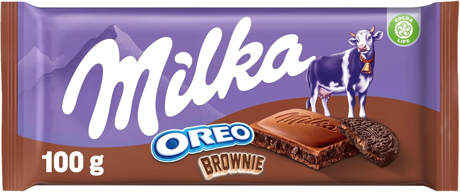 Milka ▫️ Oreo Brownie Oreo Brownie Tablete de chocolate de leite com pedaços de bolacha Oreo com textura de brownie de chocolate 100 g