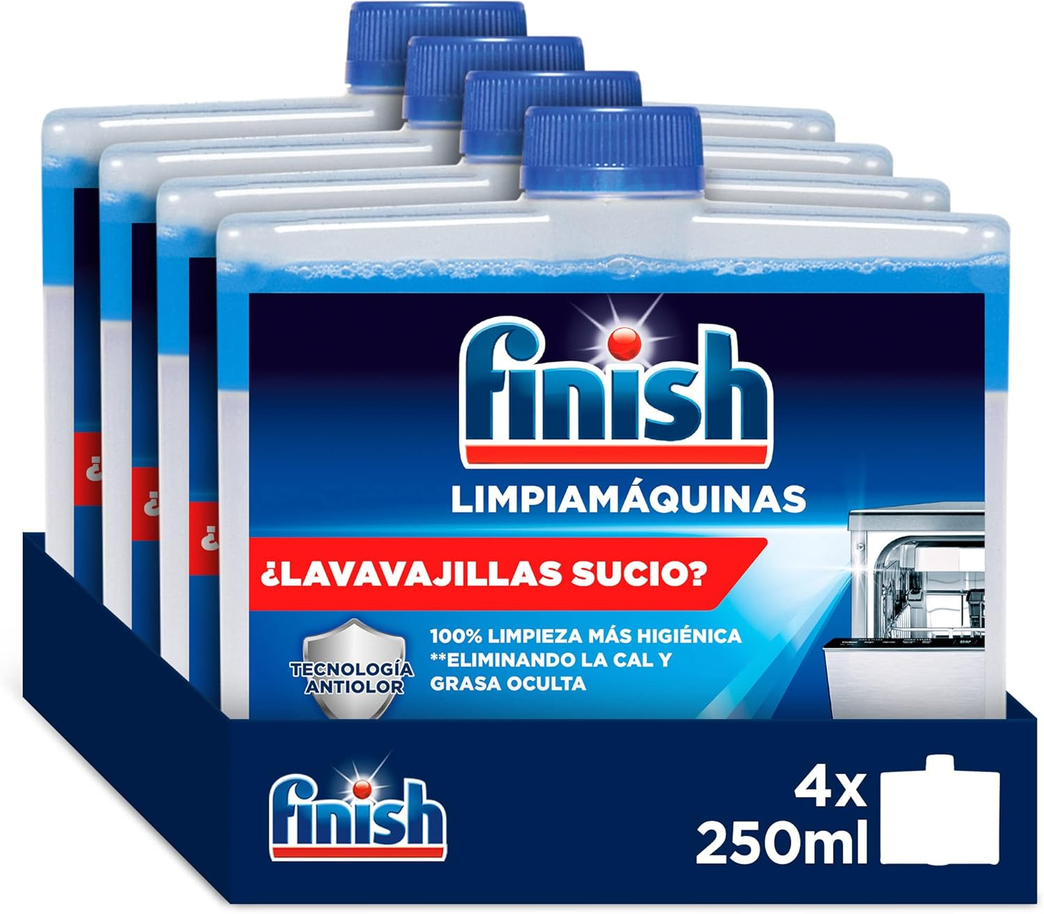Finish ▫️ Detergente para máquinas de lavar loiça, Detergente para máquinas de lavar loiça contra o odor, o calcário e a gordura das máquinas de lavar loiça 4 x 250 ml