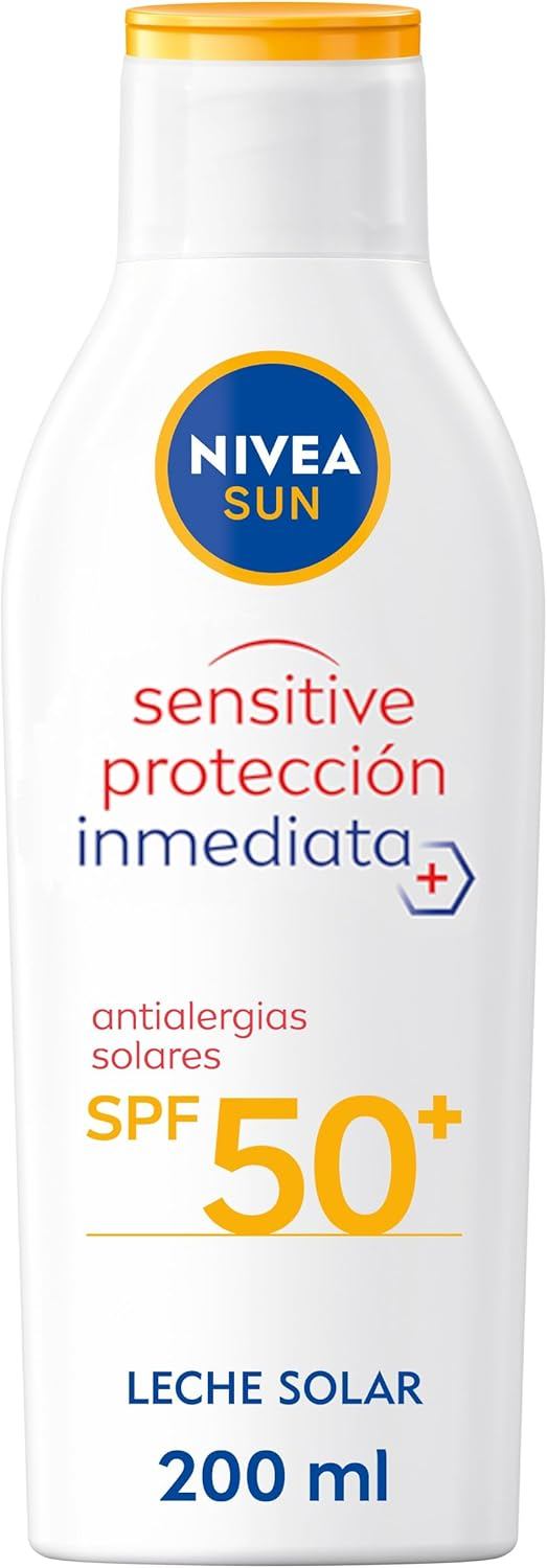 NIVEA ▫️ SUN Sensitive Proteção Imediata Contra as Alergias Solares Leite Solar SPF 50+ (1 x 200 ml), protetor solar não oleoso para peles sensíveis, resistente à água 50