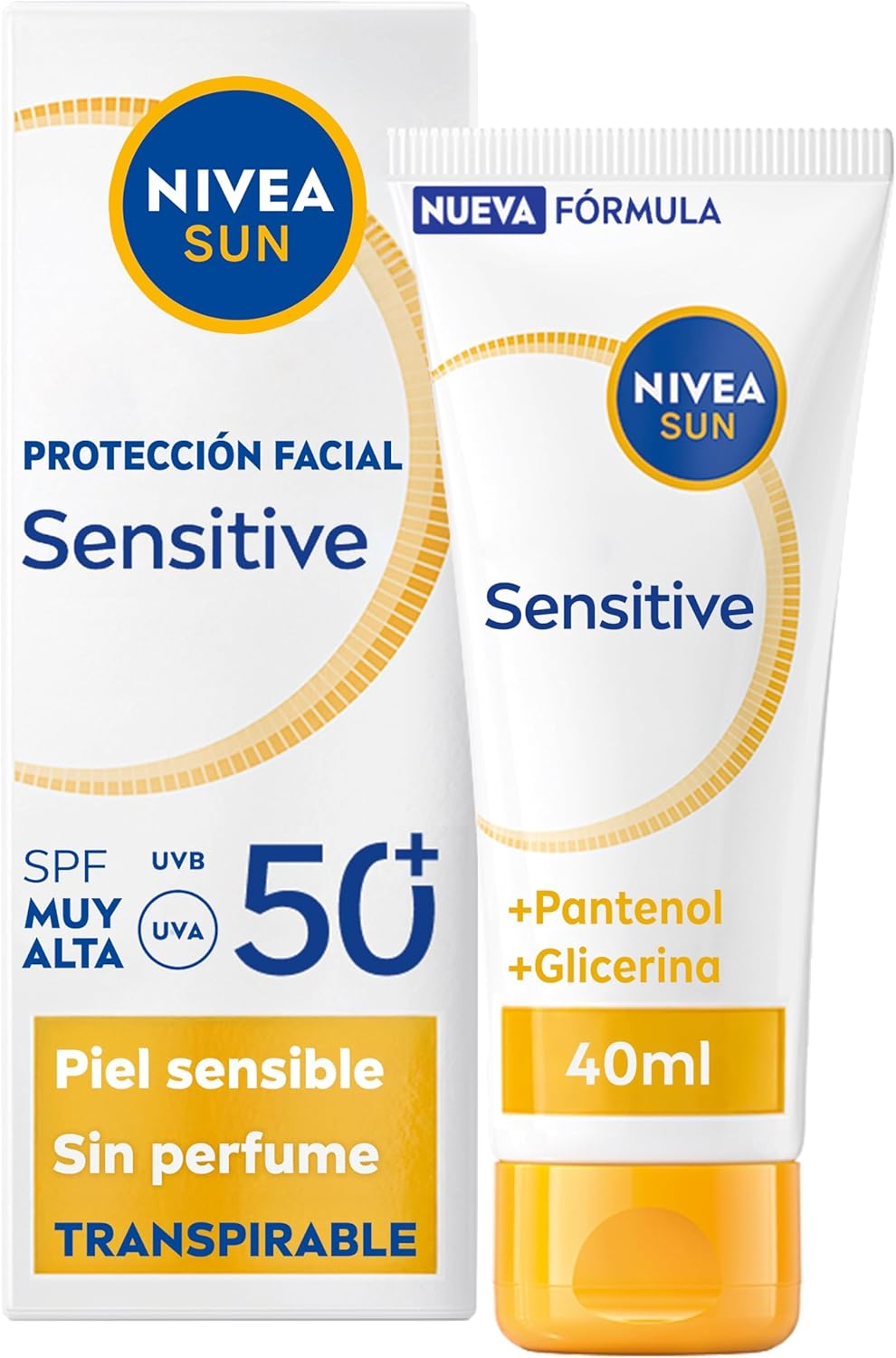 NIVEA SUN ▫️ Sensitive Face Protection SPF50+ - Protetor solar para o rosto - 3x Proteção UV respirável Pele sensível - Pantenol, Glicerina, Licochalcone A - Textura ligeira e 0% de sensação gordurosa - 40 ml