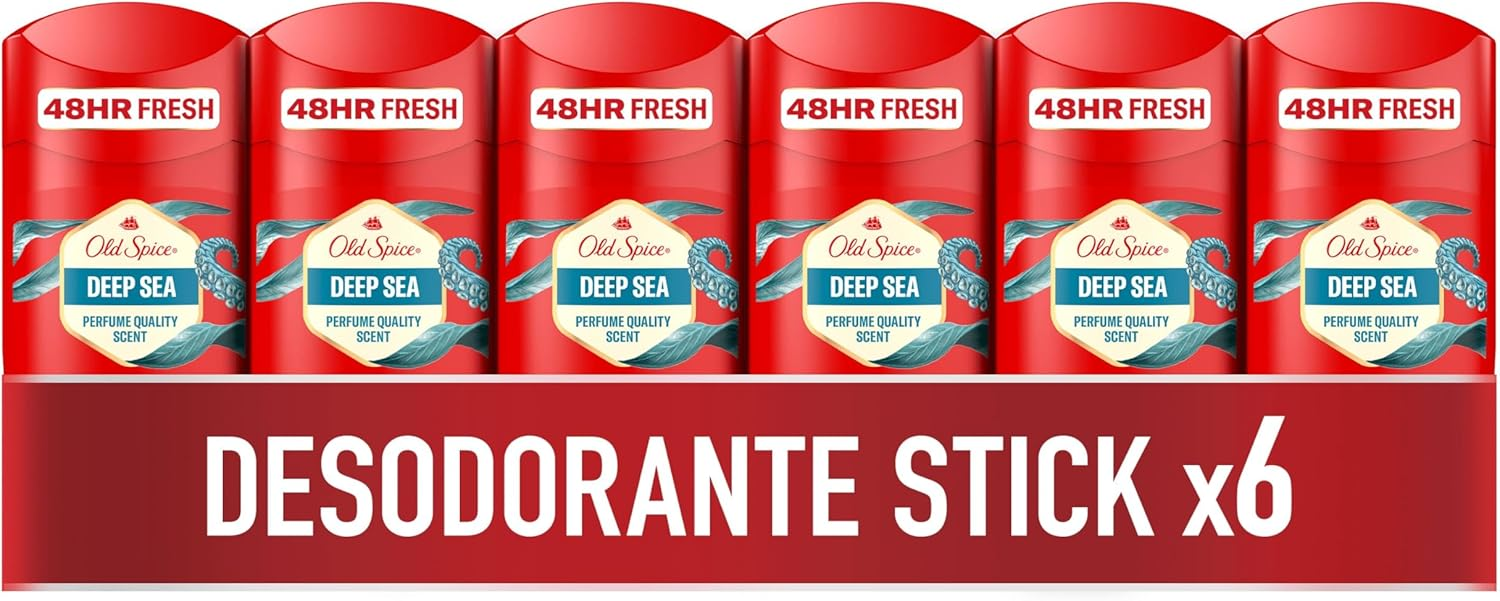 Old Spice ▫️ Deep Sea Men's Deodorant Stick 50 ml x6, Frescura 24 horas, Uso diário, Fragrância duradoura, Fragrância excecional, Proteção contra odores