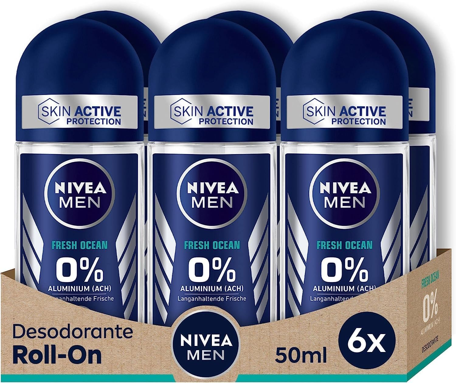 NIVEA MEN ▫️ Fresh Ocean - Desodorizante Roll-On Antitranspirante para homem - 48h de proteção contra o odor - Fórmula InfiniFresh sem alumínio - Fragrância fresca de longa duração - Embalagem 6 x 50 ml