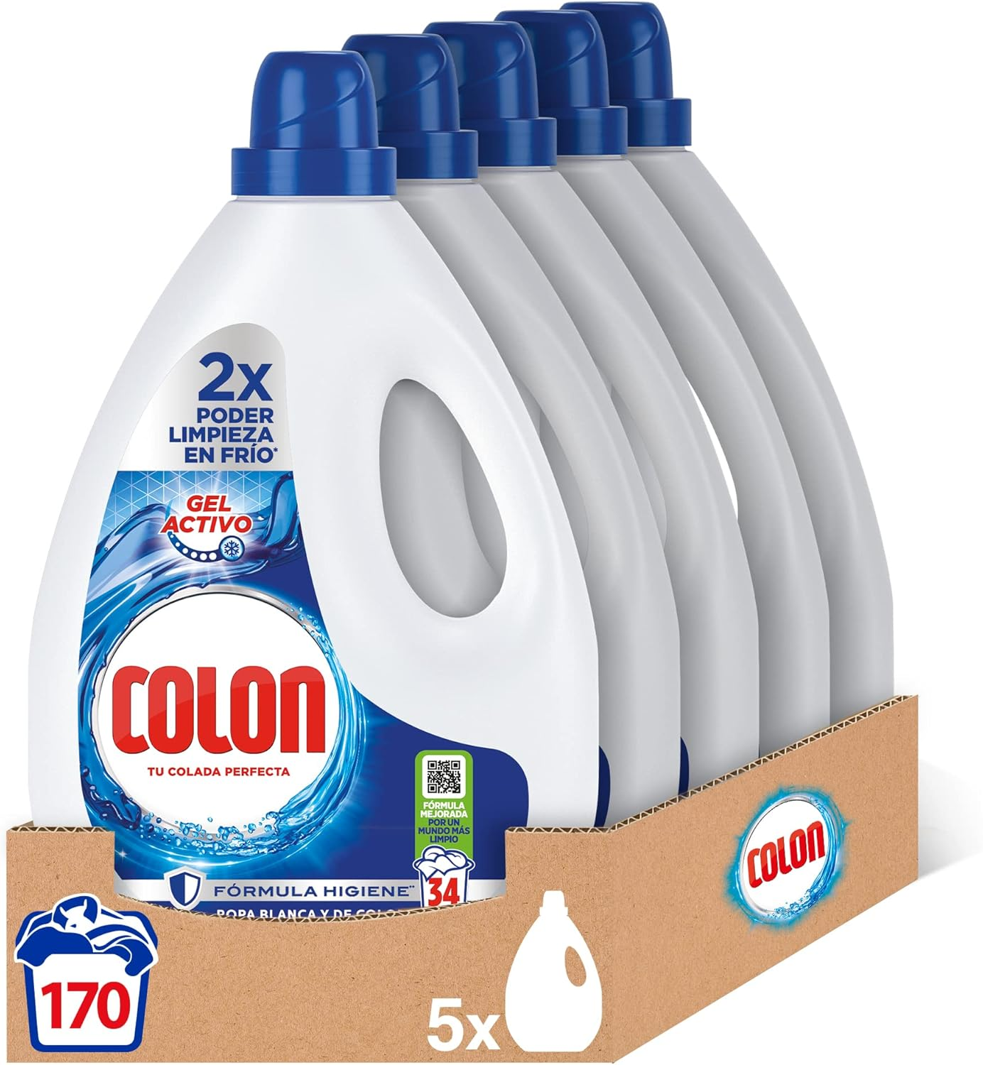 Colon ▫️ Active Gel - Detergente líquido para a roupa, fórmula higiénica, adequado para roupa branca e de cor, formato gel - embalagem de 5, até 170 doses