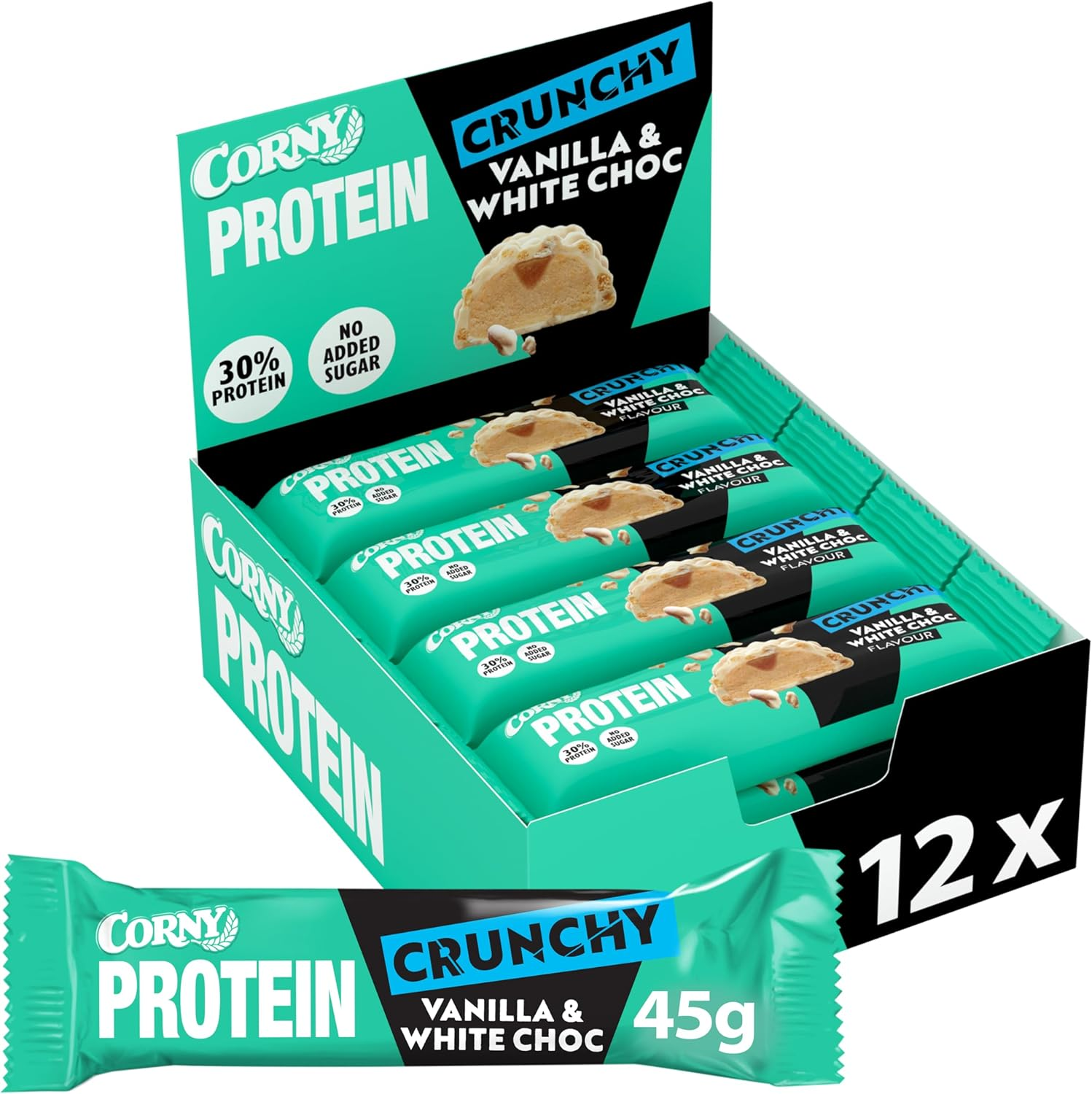 Corny ▫️ Barras de Proteína, Protein, Crocante de Chocolate Branco e Baunilha, 13,5g de Proteína, 0% de Açúcares Adicionados - Embalagem 12x45 g Saboreie o Poder