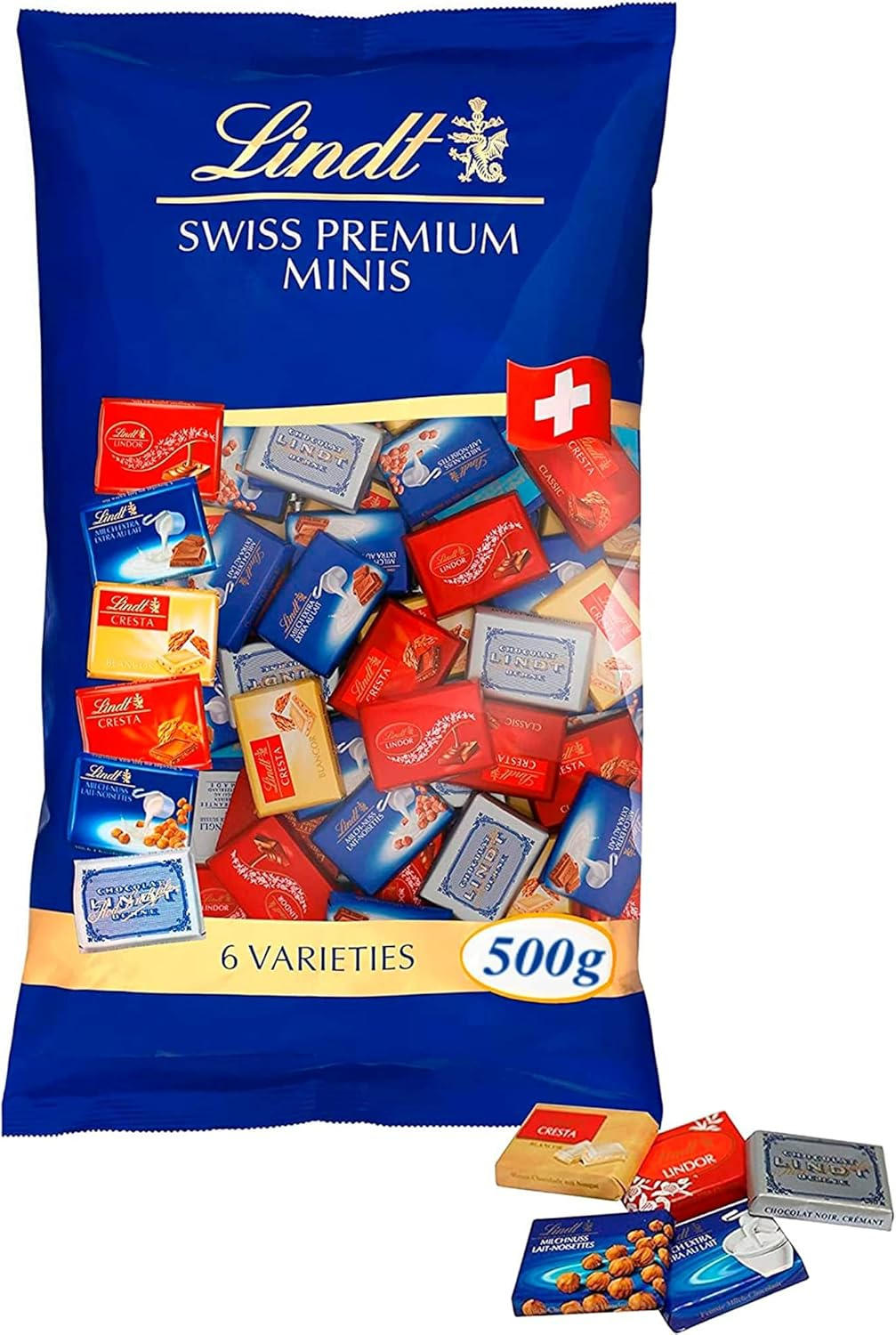 Lindt ▫️ Swiss Neapolitans, contém um sortido de mini barras de chocolate embaladas individualmente, chocolate de leite, chocolate branco, chocolate preto, chocolate com avelãs, aprox. 76 unidades, 500g