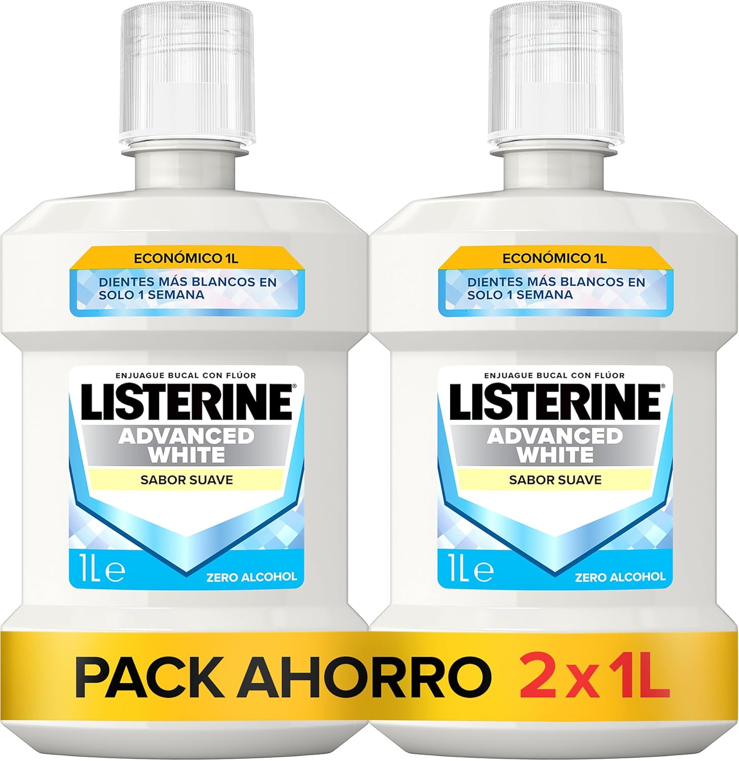 Listerine ▫️ Advanced White Sabor Suave (2 x 1 L), elixir bucal com 0% de álcool, elixir bucal sem álcool, elixir bucal branqueador de dentes para uma limpeza óptima