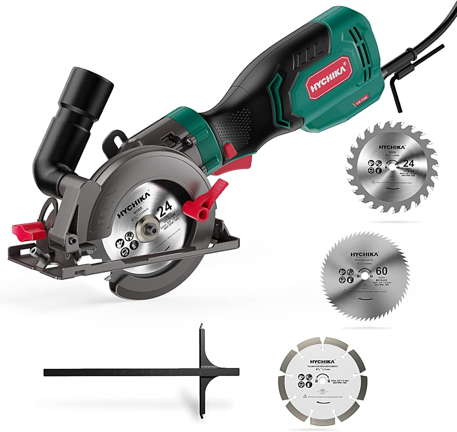 HYCHIKA BETTER TOOLS FOR BETTER LIFE ▫️ HYCHIKA Mini Serra Circular 750W com Motor de Cobre Puro, 3 Lâminas, 3500 RPM, Corte: 48mm/90º, 32mm/45º, Aspirador de Pó, Azulejo, Madeira, Serra de Metal Mole