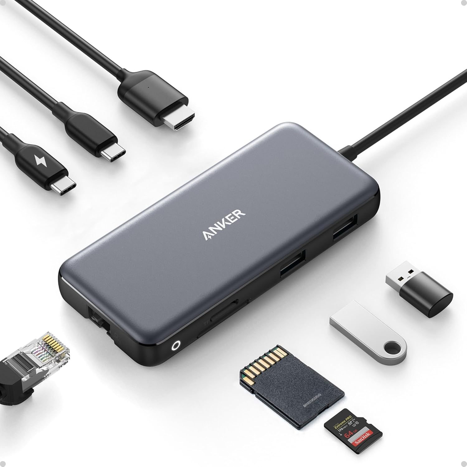 Anker ▫️ Adaptador 555 USB-C Hub (8 em 1) PowerExpand, 100W Power Delivery, 4K 60Hz HDMI, 10Gbps USB-C & 2 portas USB-A, porta Ethernet, leitor de cartões de memória microSD&SD, para MacBook Pro e muito mais
