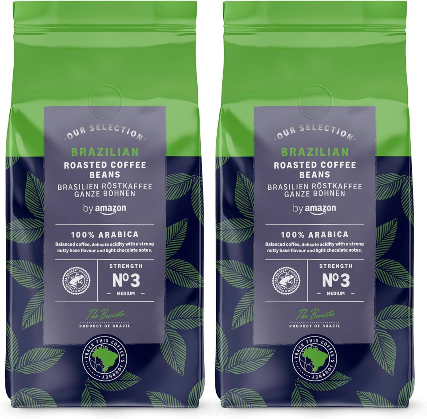 by Amazon ▫️ Café brasileiro em grão, torra média, 1kg (2 pacotes de 500g), certificado pela Rainforest Alliance
