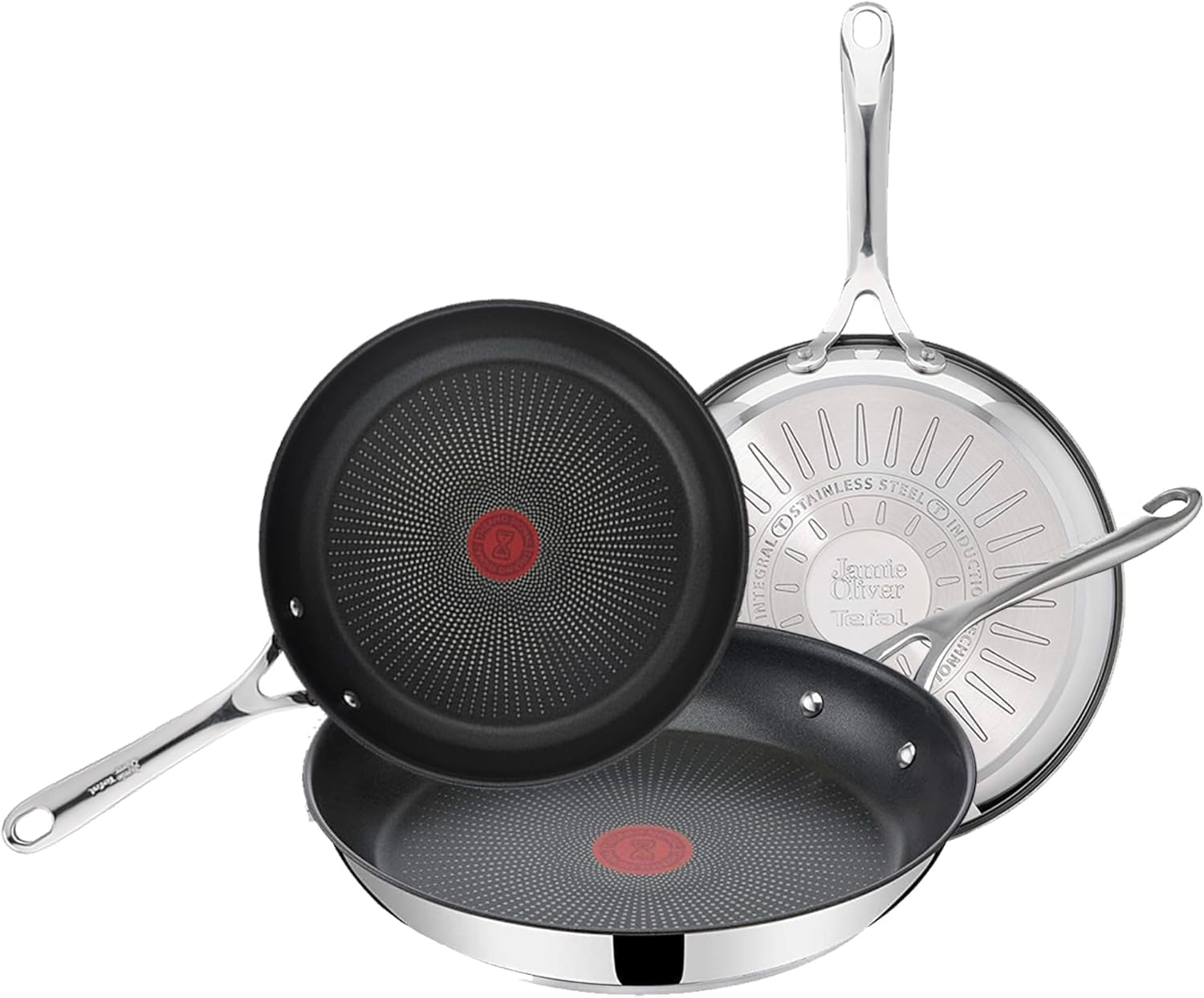 Tefal ▫️ Jamie Oliver - Conjunto de 3 frigideiras 20/24/28 cm, indutivas, antiaderentes, revestidas a titânio, com sinal térmico, laváveis na máquina de lavar louça e no forno, aço inoxidável
