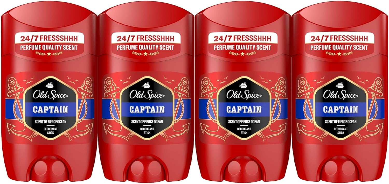 Old Spice ▫️ Captain Men's Deodorant Stick 4x50 ml, frescura 24 horas, uso diário, fragrância duradoura, proteção contra odores, 0% sais de alumínio