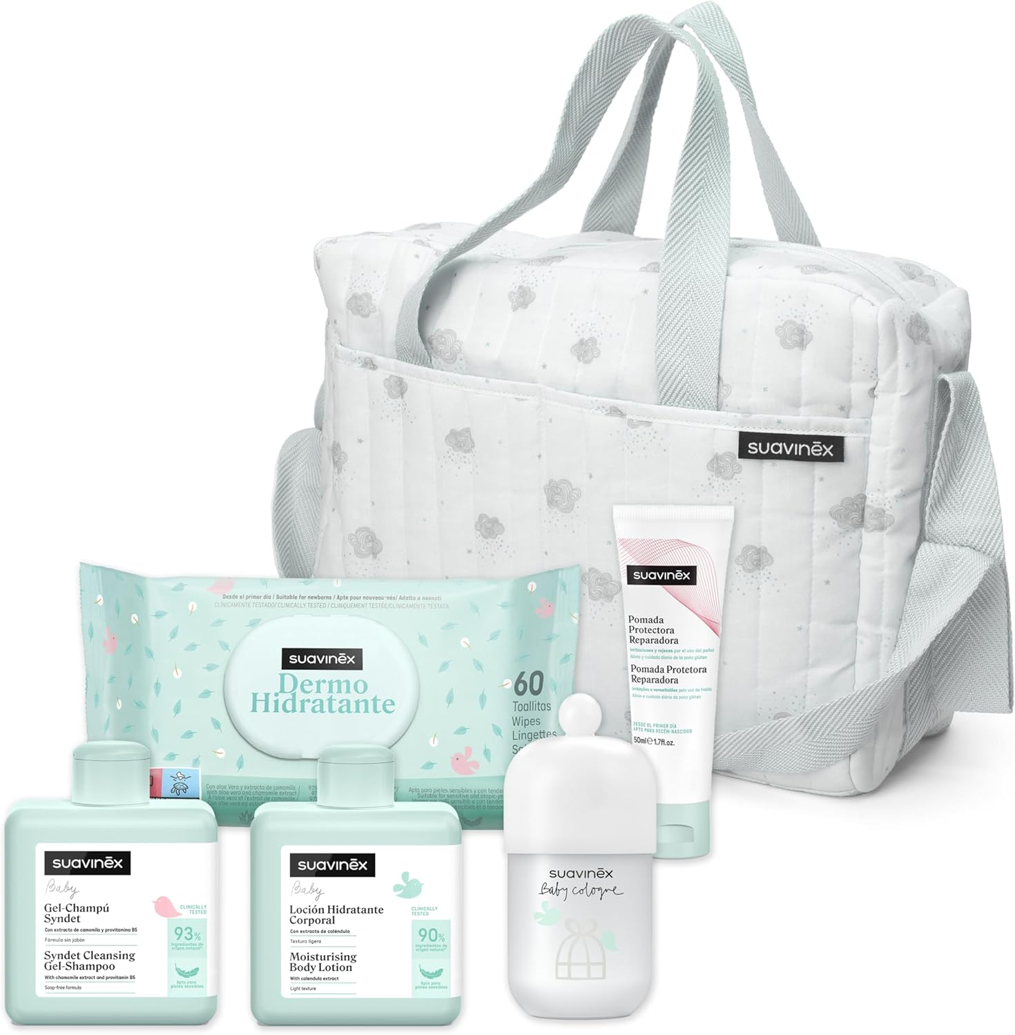 SUAVINEX ▫️ Saco de bebé com cosméticos: Gel champô Syndet 300 ml + Loção hidratante 300 ml + Pomada para fraldas 50 ml + Colónia para bebé 100 ml + Toalhetes 60 pcs. Presente ideal para recém-nascidos, azul