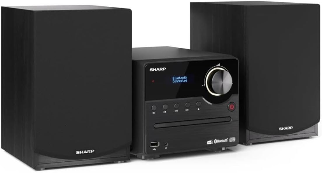 Sharp ▫️ XL-B517D(BK) Micro sistema de som estéreo com rádio Dab, Dab+, FM, Bluetooth, CD-MP3, reprodução USB, colunas de madeira e 45W Cor preta