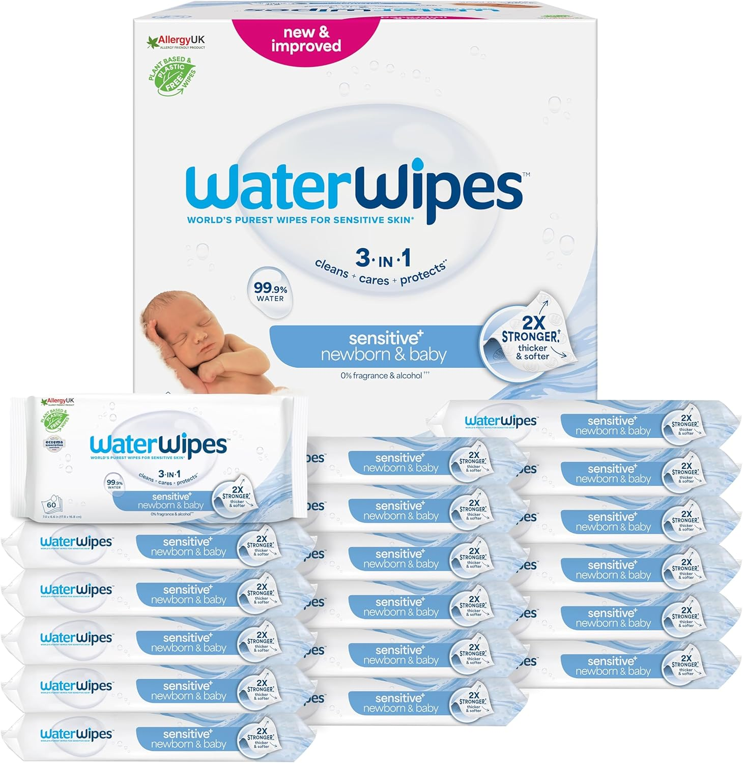 WaterWipes ▫️ Sensitive+ Toalhetes para recém-nascidos e bebés, Toalhetes para recém-nascidos e bebés, 1080 unidades (embalagem de 18), 3 em 1 Limpa, cuida, protege, 99,9% de água, sem perfume, Sensitive+ Toalhetes para recém-nascidos e bebés, 1080 unidades