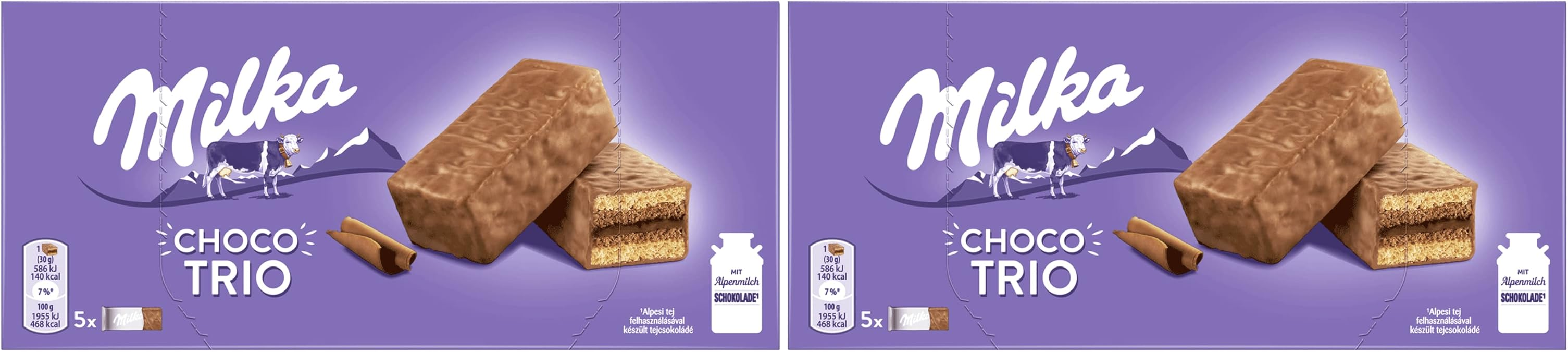 Milka ▫️ Choco Trio, Pão de ló de cacau com cobertura de chocolate de leite Alpine, 150g