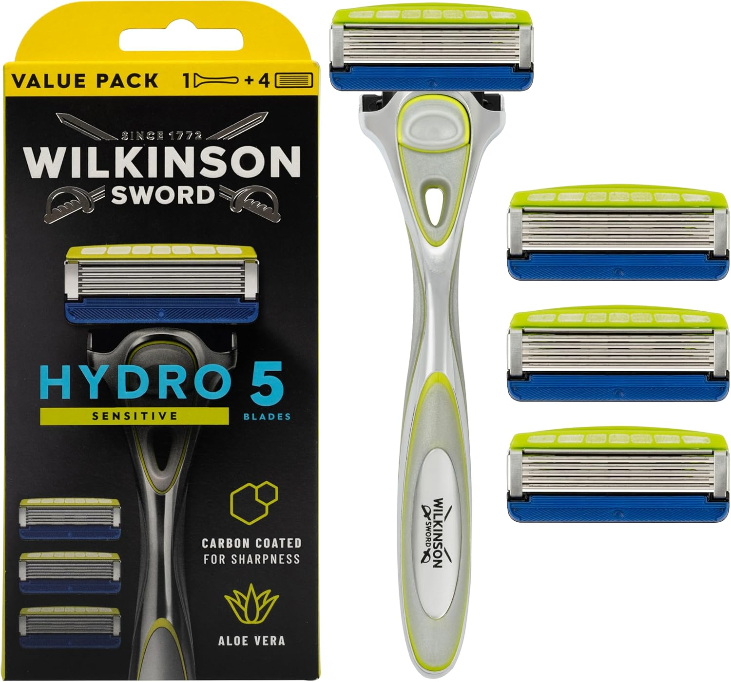 Wilkinson Sword ▫️ Hydro 5 Skin Protection Sensitive - 5 Blade Safety Razor com 4 x 5 Blade Vitamin E Enriched Razor Blade Refills,