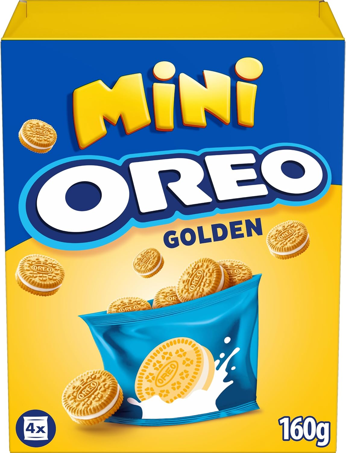 Oreo ▫️ Golden Mini, bolachas recheadas com creme de baunilha, as bolachas Golden são óptimas para um lanche rápido e fácil, embalagem de 160g.