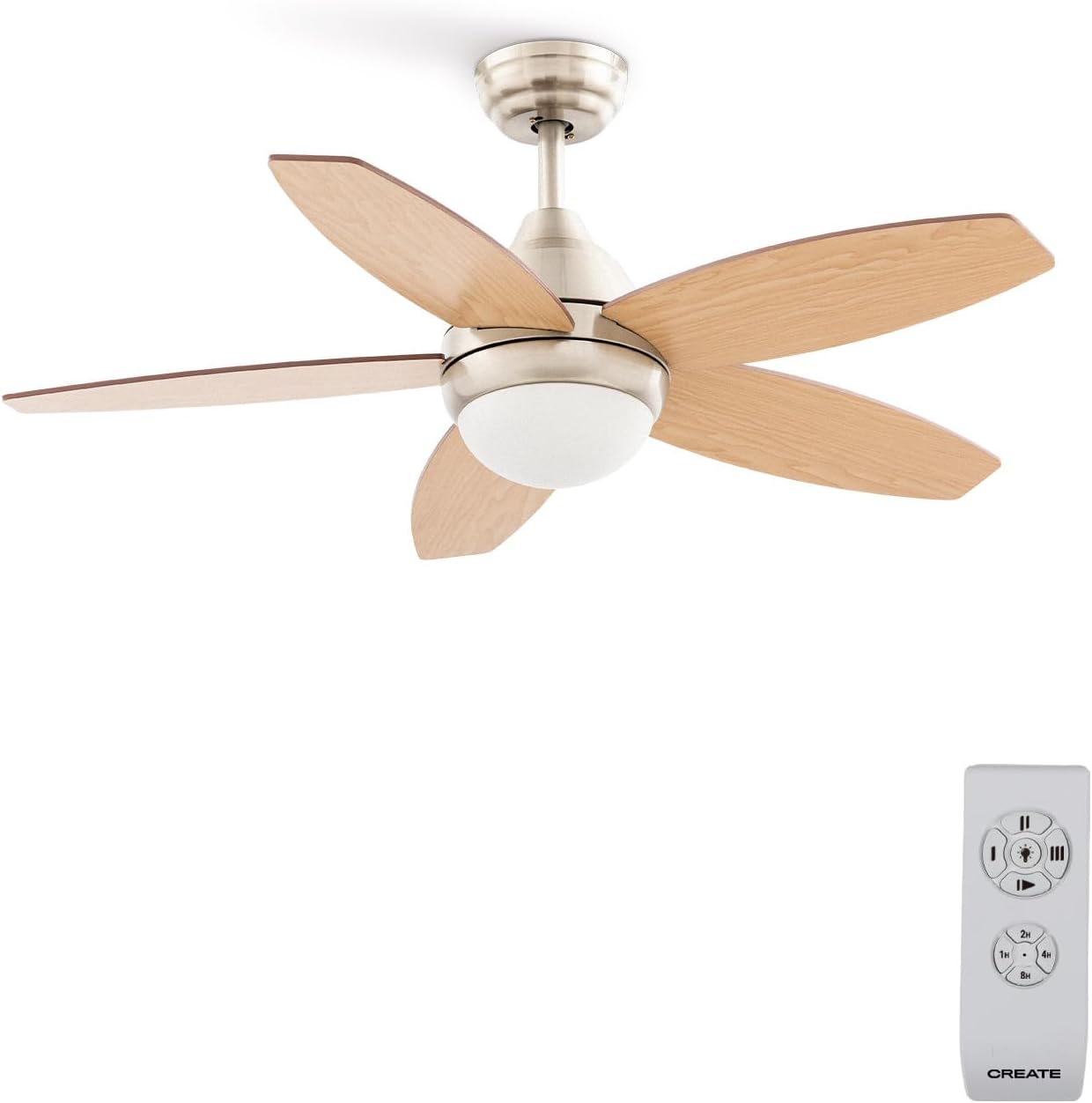 CREATE ▫️ / WINDFLOWOOD/Ventoinha de teto com lâminas em madeira natural níquel claro com controlo remoto / 60W, lâminas reversíveis, Ø107cm, 3 velocidades, 3 temperaturas de luz, função verão-inverno, 60W