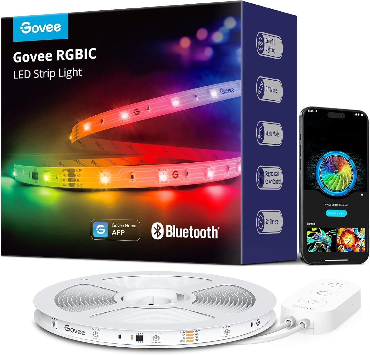 Govee ▫️ 5M LED Strip, Luzes LED RGBIC com controlo de segmento, sincronização de música, 64 modos de cena, controlo de aplicação e milhões de cores para quarto, sala de estar, festa, etc.