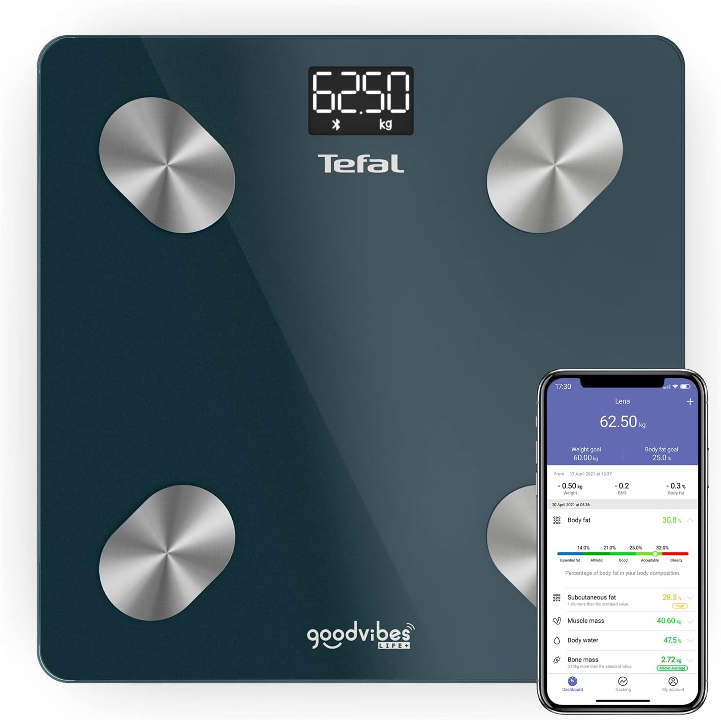 Tefal ▫️ Balança conectada, 10 indicadores corporais, Aplicação conectada, Simples de usar, Número ilimitado de utilizadores, Capacidade 180 kg, Graduação 100 g, Goodvibes Life+ BM9620S1