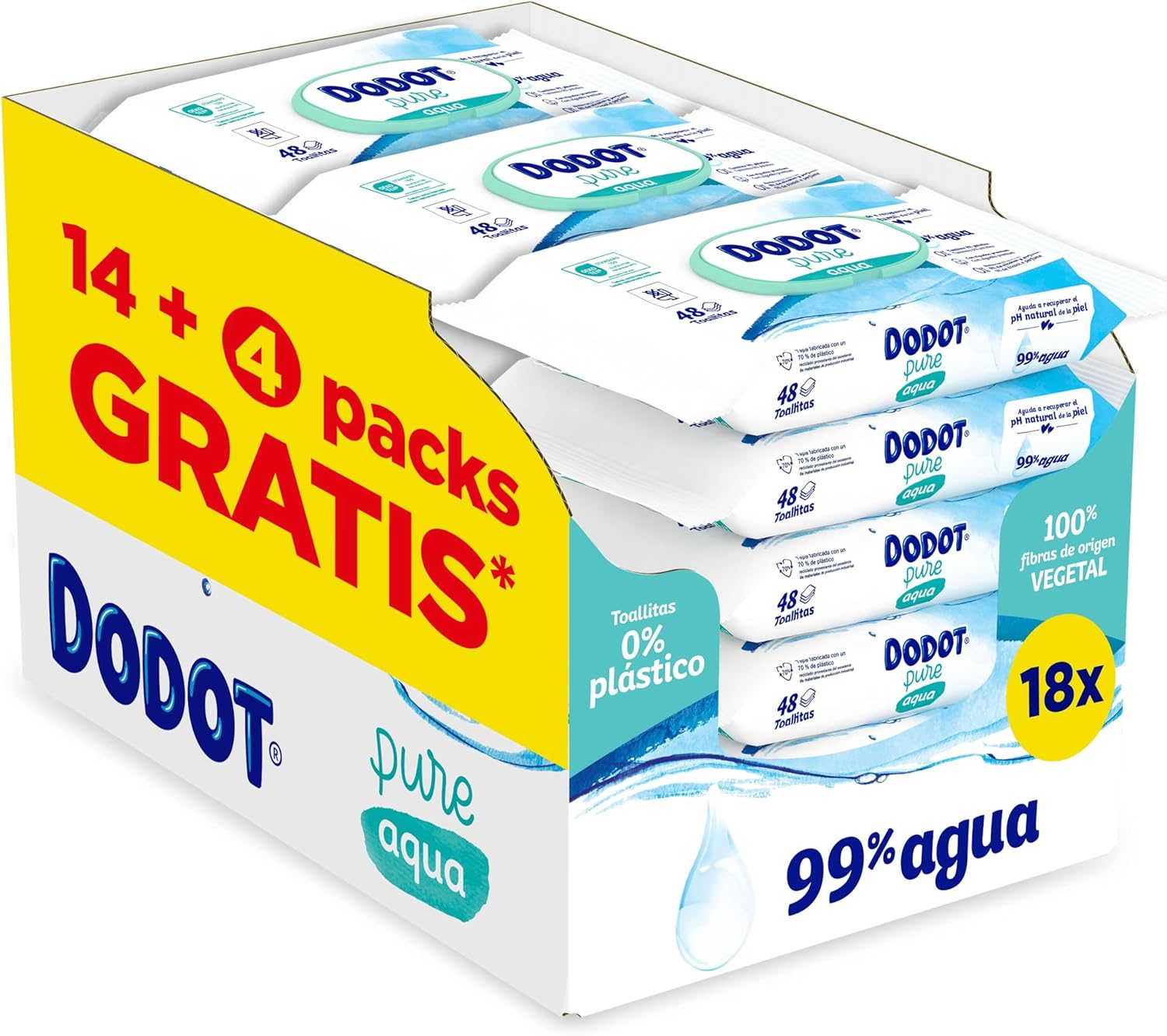 DODOT ▫️ Pure Aqua Baby Wipes, 864 toalhetes (18 embalagens de 48), ajuda a restaurar o pH natural da pele, 99% de água, sem plástico