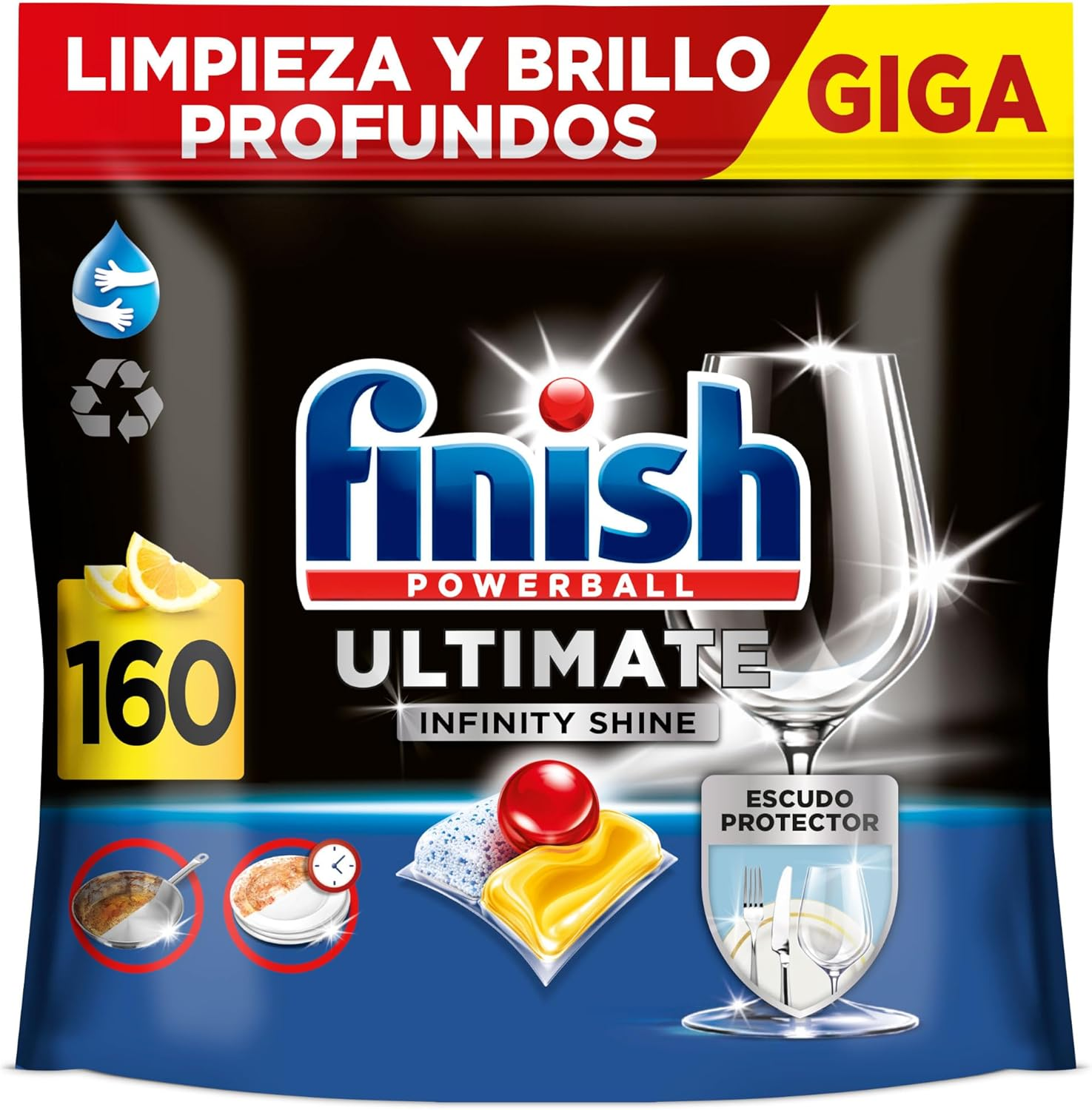 Finish ▫️ Powerball Ultimate Infinity Shine, pastilhas para máquina de lavar loiça com aroma a limão, com poder de remoção de gordura e proteção para vidros, 2 embalagens de 80, total de 160 pastilhas.