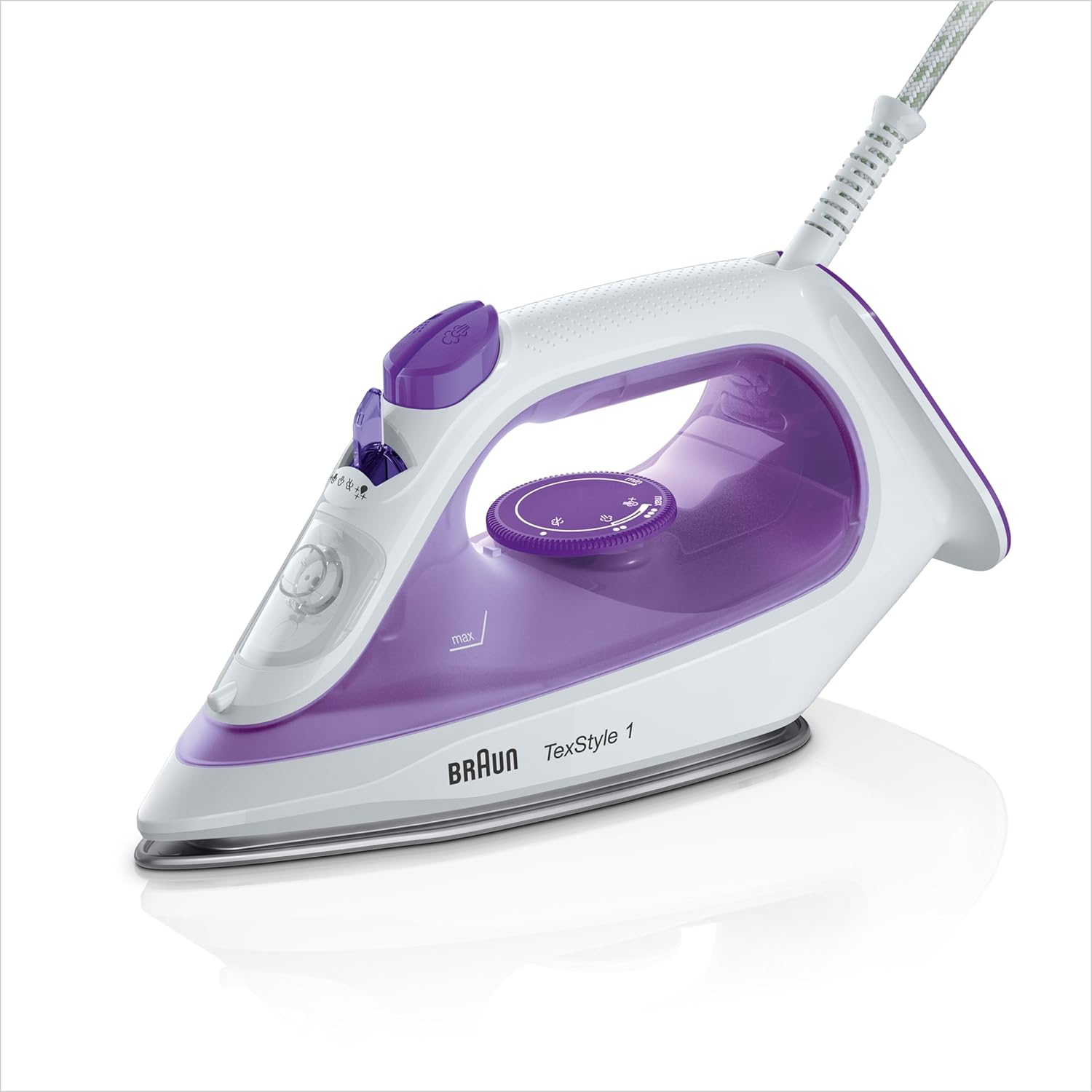 Braun ▫️ Alisador TexStyle 1 Vpor com base revestida a SuperCerâmica, engomar leve e rápido, aquecimento rápido, modo Eco, recarga fácil 220ml, 2000W, SI 1080 VI, branco, violeta