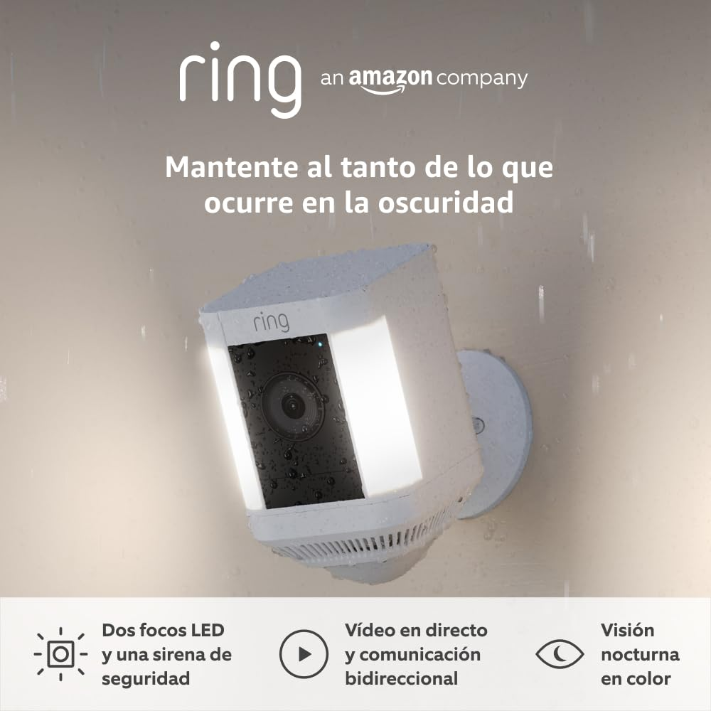 Ring ▫️ Câmara Plus com luzes e bateria (Spotlight Cam Plus) | Câmara de vigilância wifi para exterior com vídeo HD 1080p, comunicação bidirecional, visão nocturna e luzes LED | 30 dias grátis Home