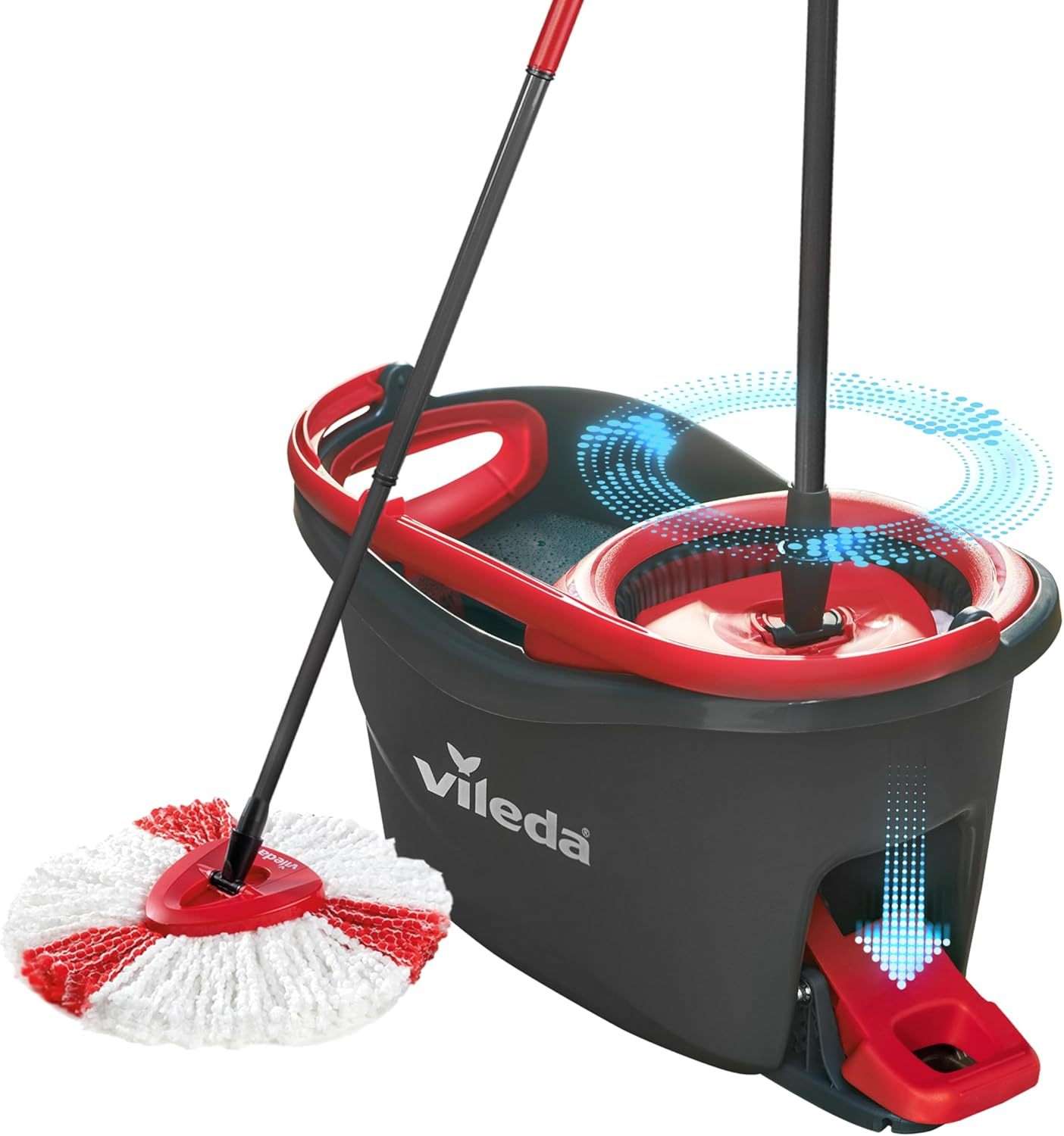 Vileda ▫️ Conjunto de balde para esfregona de chão giratório com pedal Turbo - Cabo telescópico 85-123 cm - Cabeça de microfibra 2 em 1 - Love it Clean - Embalagem sustentável