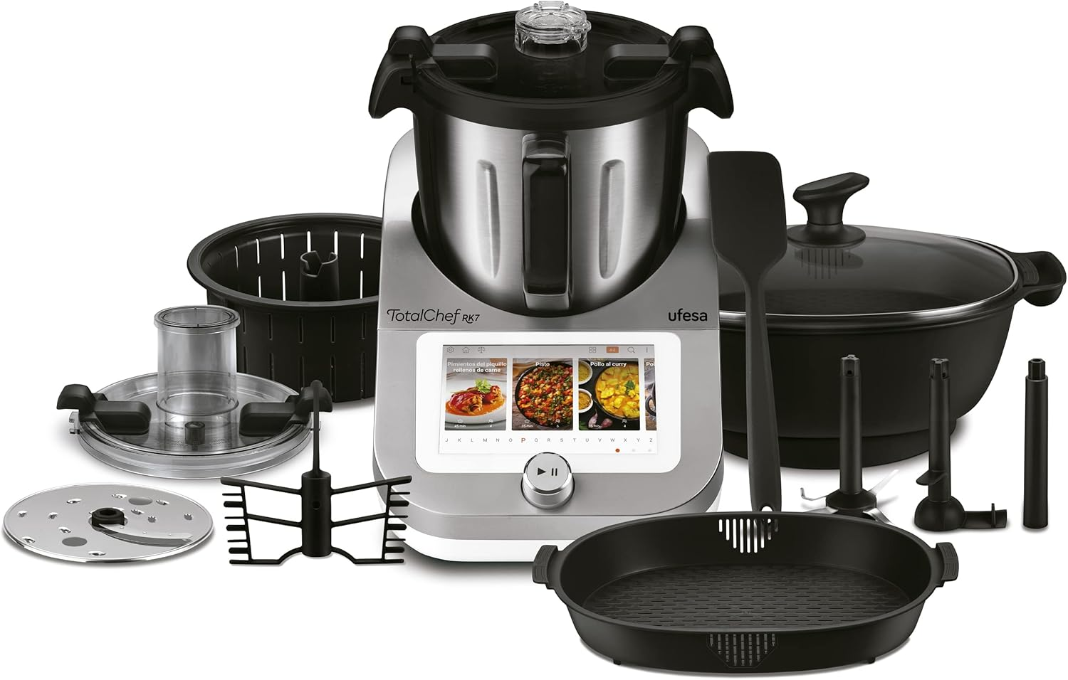 Ufesa ▫️ TotalChef RK7 Máquina de cozinha inteligente multifunções, WIFI, 30 funções, 4,5 L, ecrã tátil de 7 polegadas, balança integrada, caixa de receitas interactiva, prateado/preto, Cor: prateado/preto