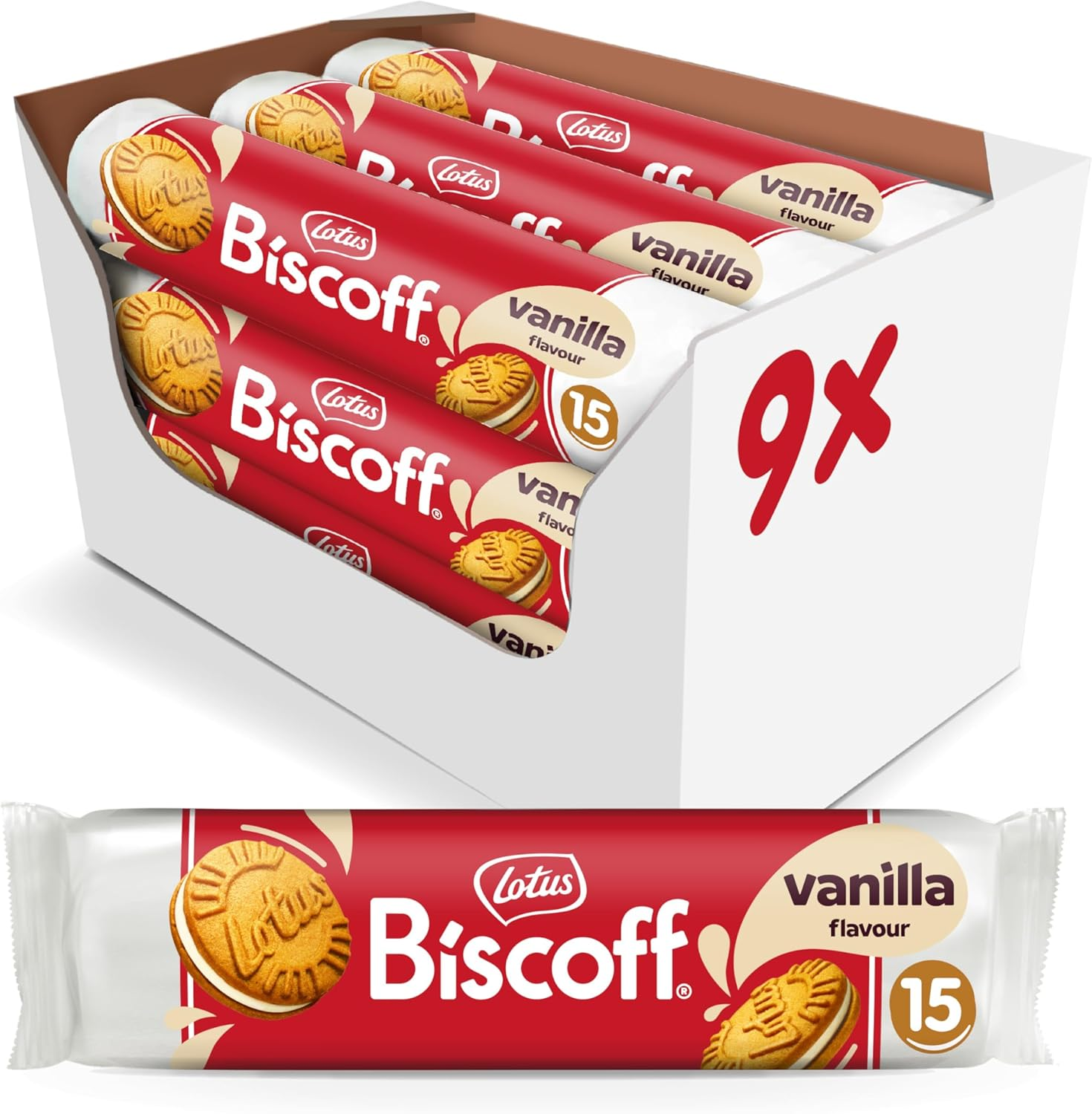 Biscoff ▫️ Lotus | Biscoitos Recheados de Baunilha | Vegan | Sem Aromas ou Corantes Artificiais | 15 Biscoitos por Embalagem | 9 x 150g (1,35kg)