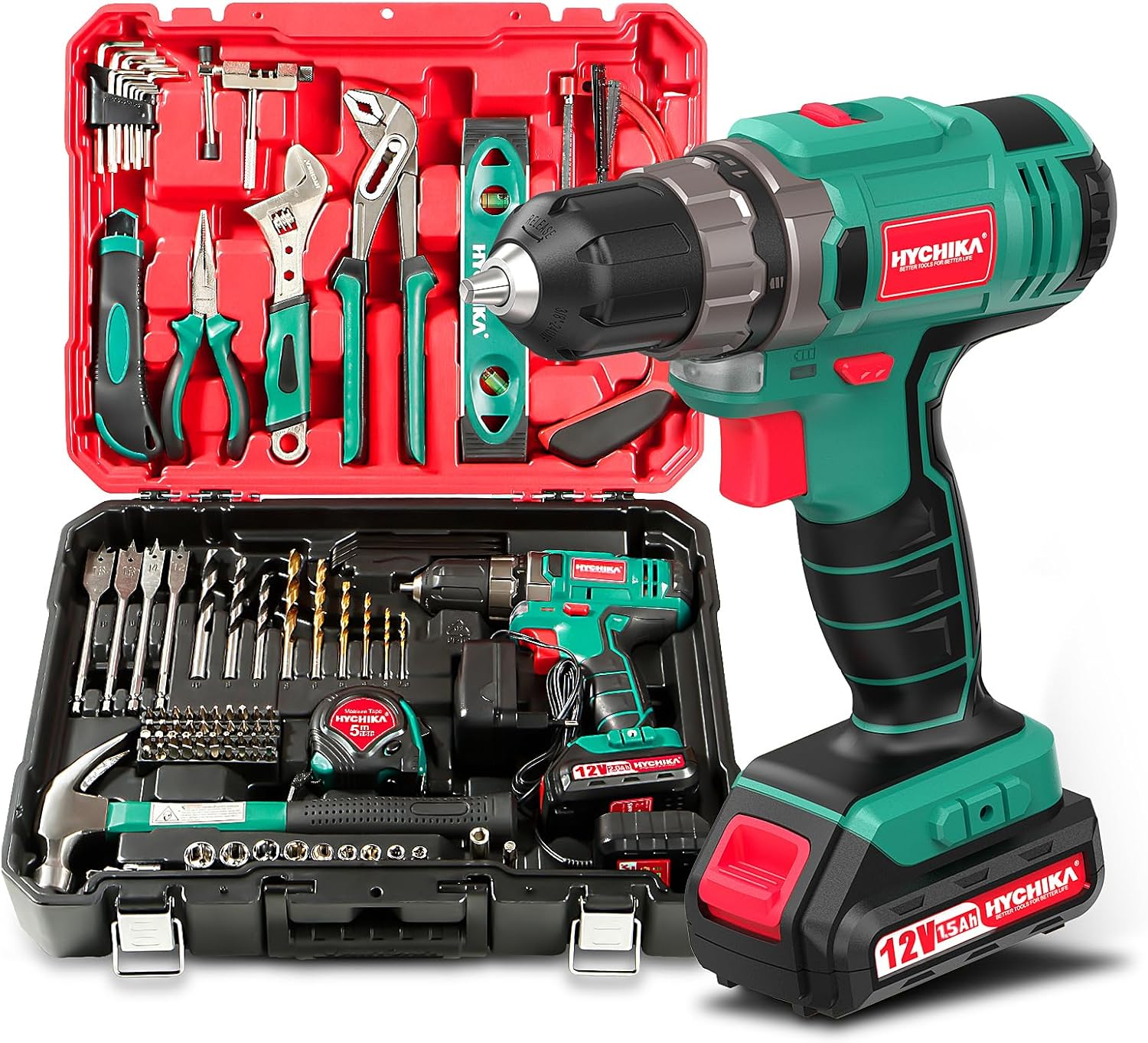 HYCHIKA BETTER TOOLS FOR BETTER LIFE ▫️ Berbequim de 12V, HYCHIKA 104pcs Bateria de berbequim Kit de ferramentas DIY, aparafusadora eléctrica de 1,5Ah, binário máximo de 30N.m, carregamento rápido de 1 hora, caixa de ferramentas completa