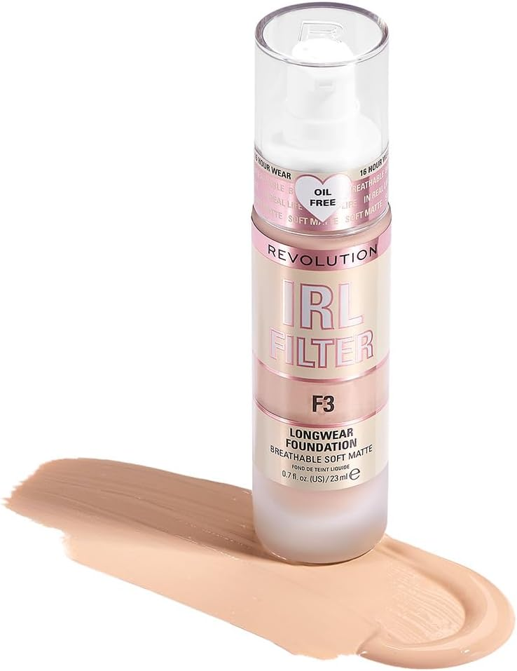 Revolution Beauty London ▫️ Makeup Revolution, IRL Filter, Fondotinta Longwear, Copertura da media a totale, Finitura opaca, Durata 16 ore, F3, Toni della pelle da chiari a chiari, 23ml