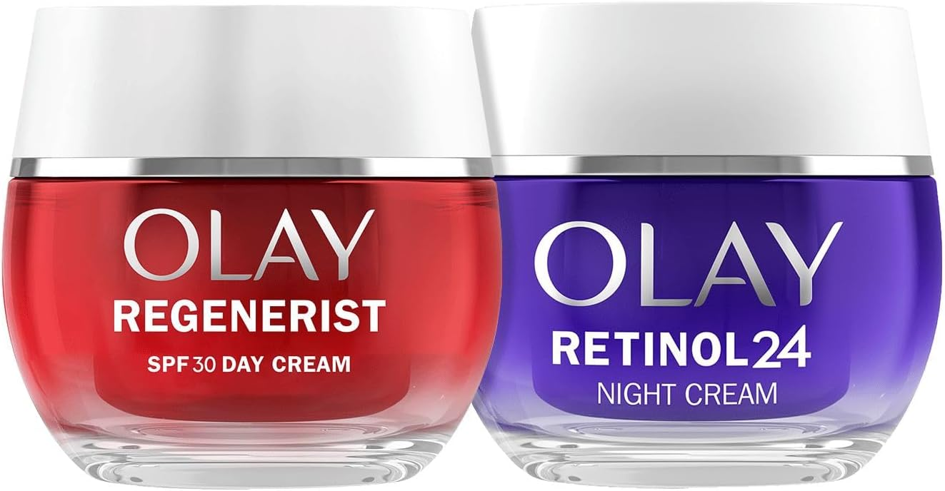 Olay ▫️ Regenerist Creme de Dia Facial SPF30 50ml e Retinol24 Creme de Noite 50ml. Pack de 2 cremes hidratantes antirrugas. Pele mais firme e suave