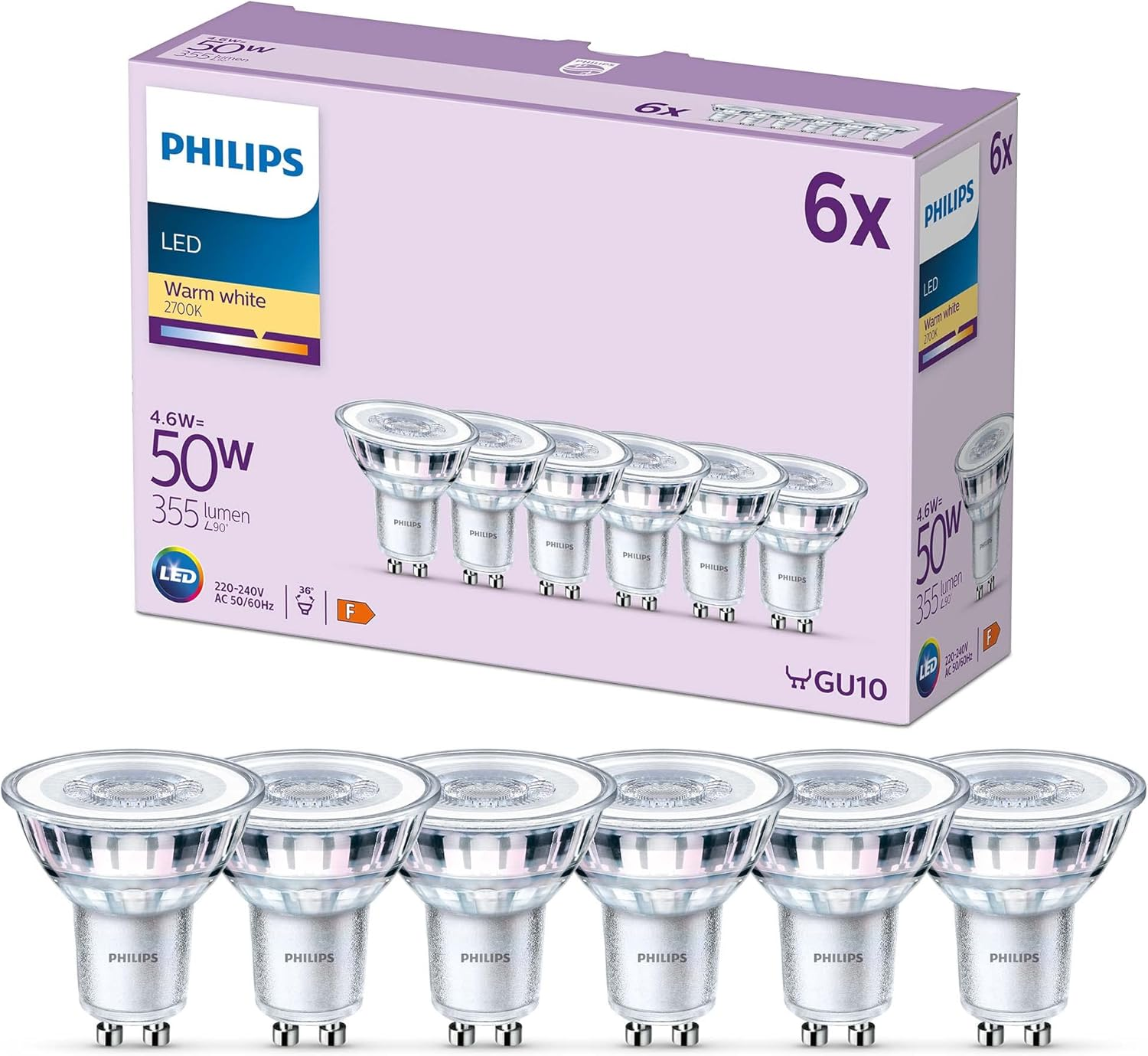 Philips ▫️ Lâmpada de incandescência 4.6W (Eq. 50W) 355 lúmens, casquilho GU10, luz branca quente (2700k) - 6 unidades (embalagem de 1)