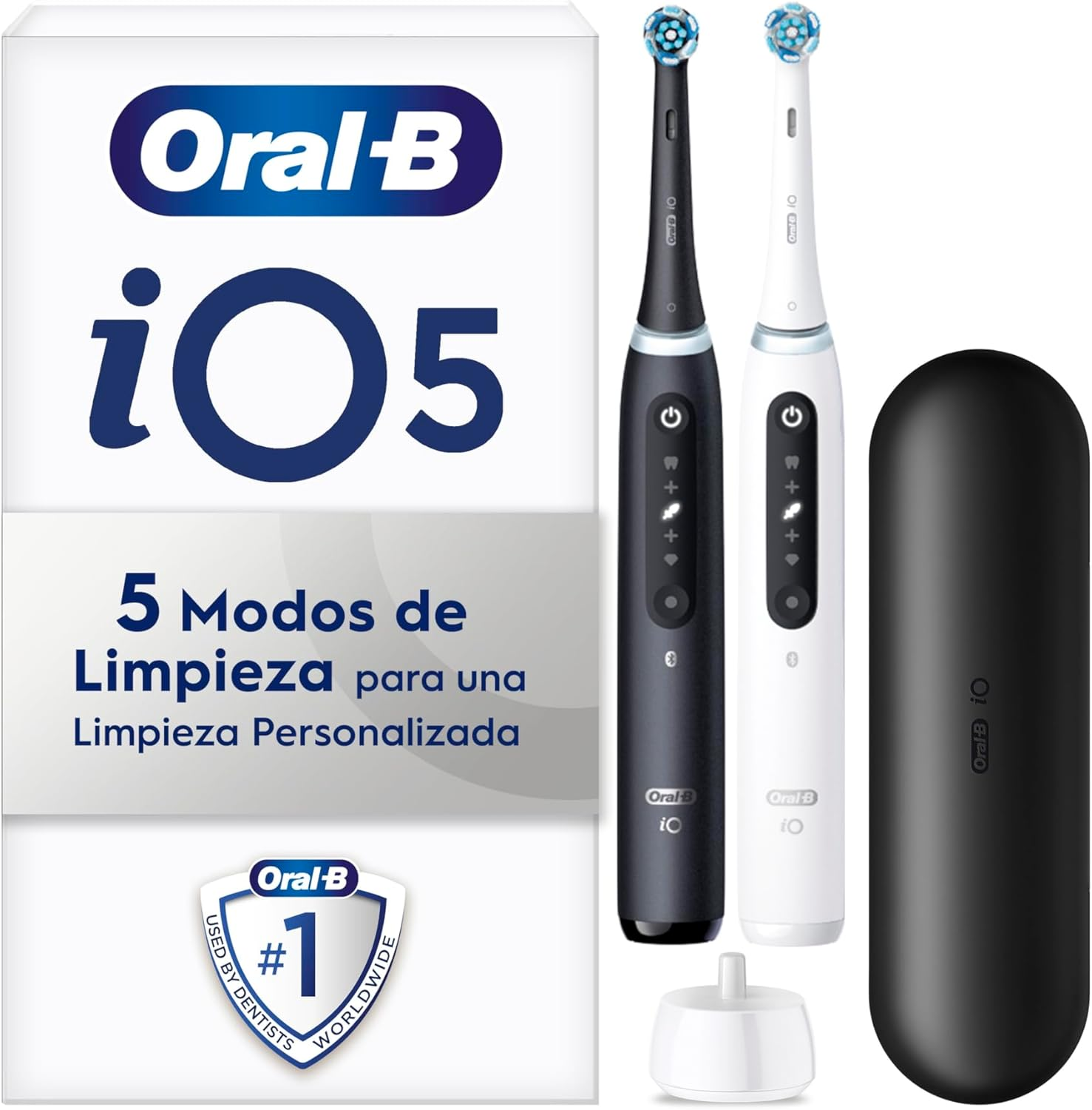 Oral-B ▫️ iO 5N 2 unidades de escovas de dentes eléctricas pretas e brancas com cabo recarregável, 2 cabeças de escova e estojo de viagem, 5 modos de escovagem, sensor de pressão, concebidas pela Braun
