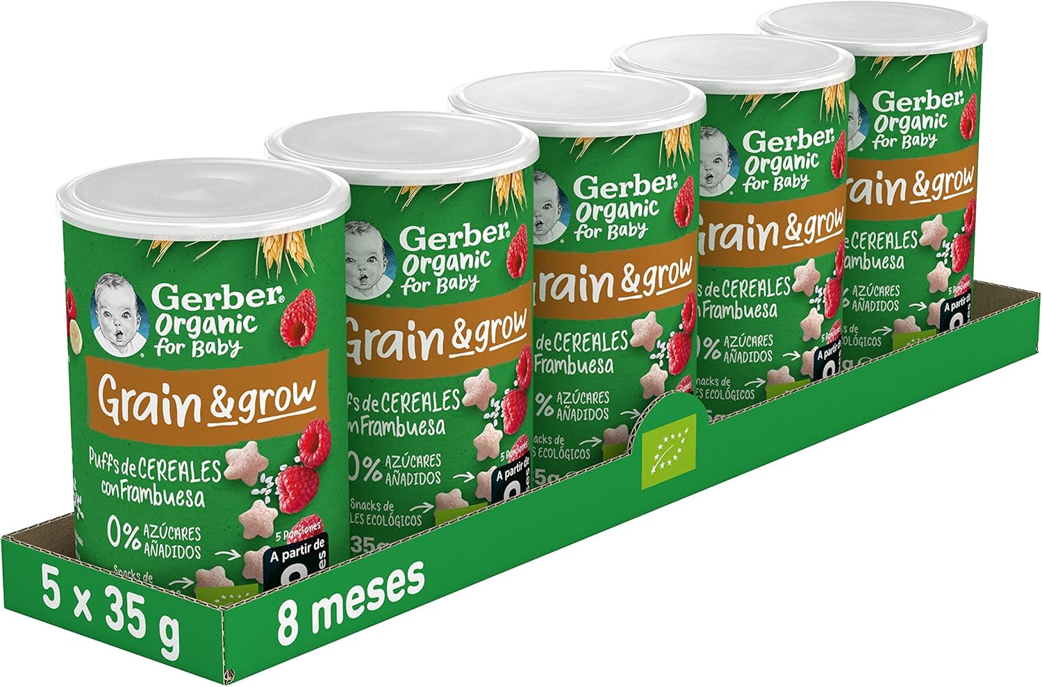 Gerber ▫️ Organic Puffs Framboesa e Banana, cereais para bebés, latas de 5x35g, a partir dos 8 meses