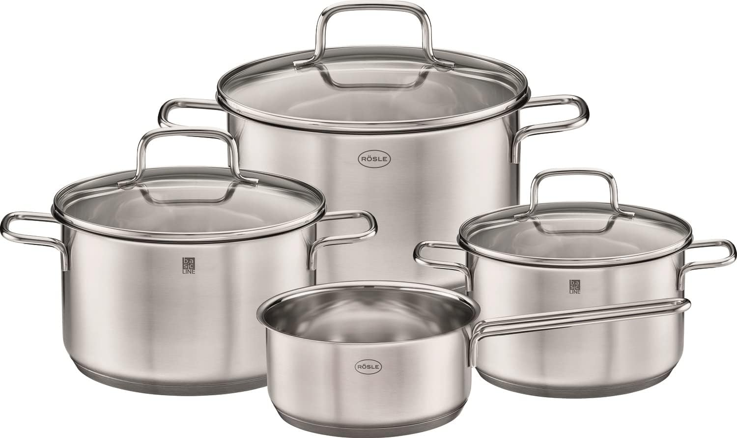 RÖSLE ▫️ Basic Line - Conjunto de 4 frigideiras universais, 1 frigideira, aço inoxidável 18/10, com tampa de vidro e lábio de despejo lavável na máquina de lavar louça