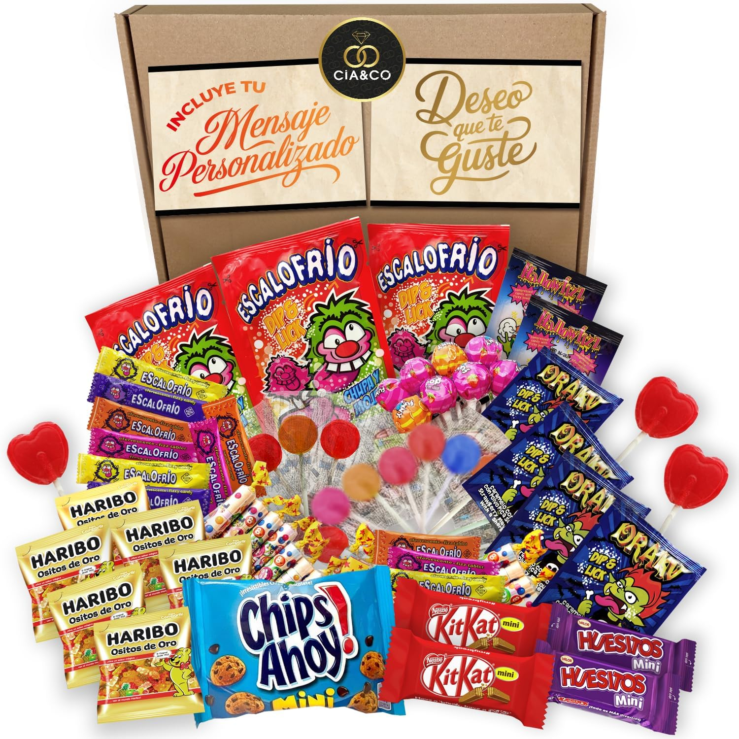 Cia&Co ▫️ Super Pack de Doces com +800g de Doces e Chocolates - Inclui Kit Kat, Bones, Chips Ahoy e Mais - Ideal para Aniversários e Piñatas embrulhado com Cartão Dedicado e Personalizado