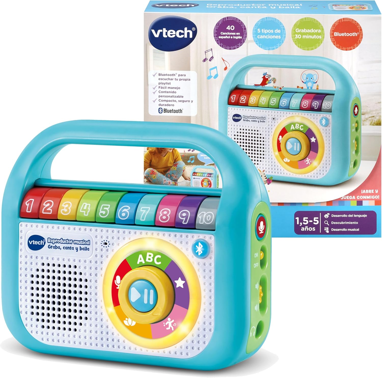 VTech ▫️ Baby Music Player Gravar, Cantar e Dançar, Rádio Infantil Bluetooth, Gravador, Brinquedo para Crianças +1,5 anos, Versão ESP