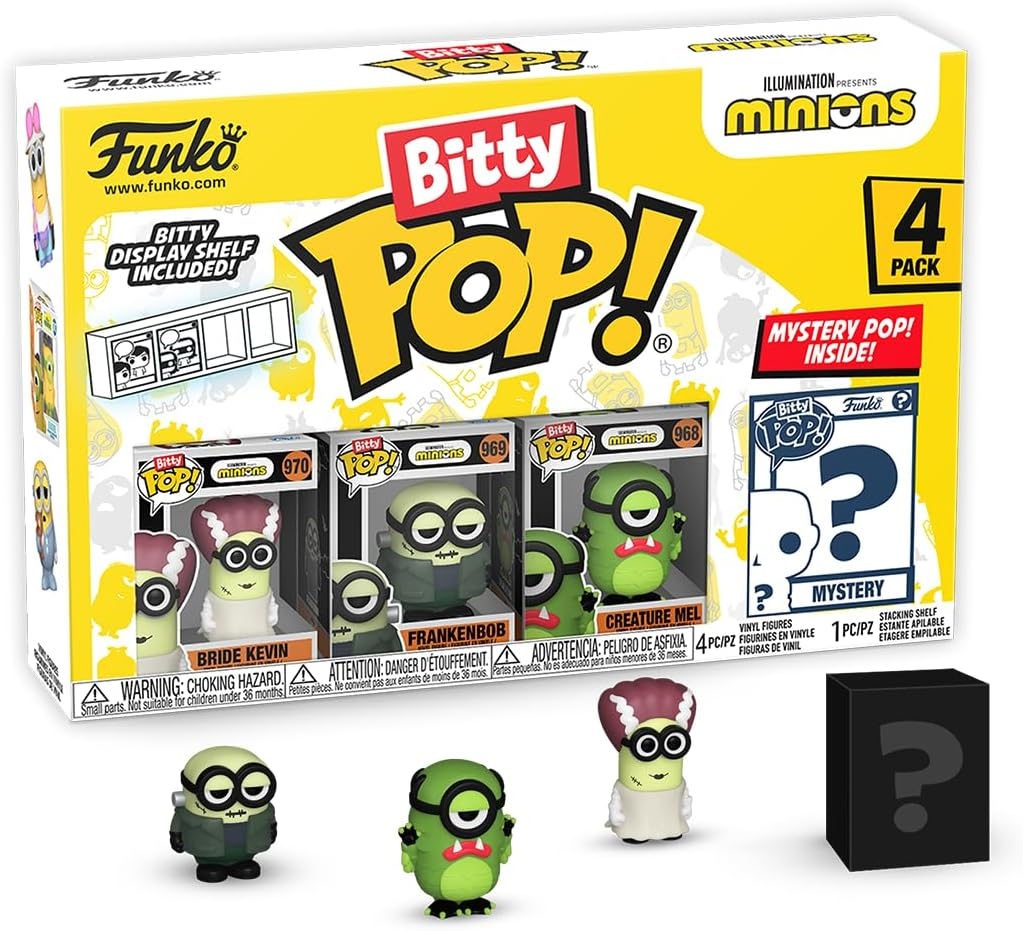 Funko ▫️ Bitty Pop! Minions - Frankenbob 4PK - Frankenbob, Noiva Kevin, Criatura Mel e uma Minifigura Surpresa Misteriosa - 2,2 cm - Minions 2 Coleccionáveis - Prateleira Empilhável Incluída