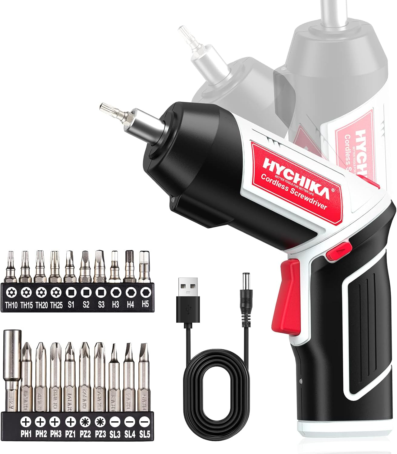 HYCHIKA BETTER TOOLS FOR BETTER LIFE ▫️ Aparafusadora eléctrica, bateria HYCHIKA 6Nm 3.6V 2,0 Ah, luz LED, cabo USB de carregamento, 20 acessórios, para reparações domésticas
