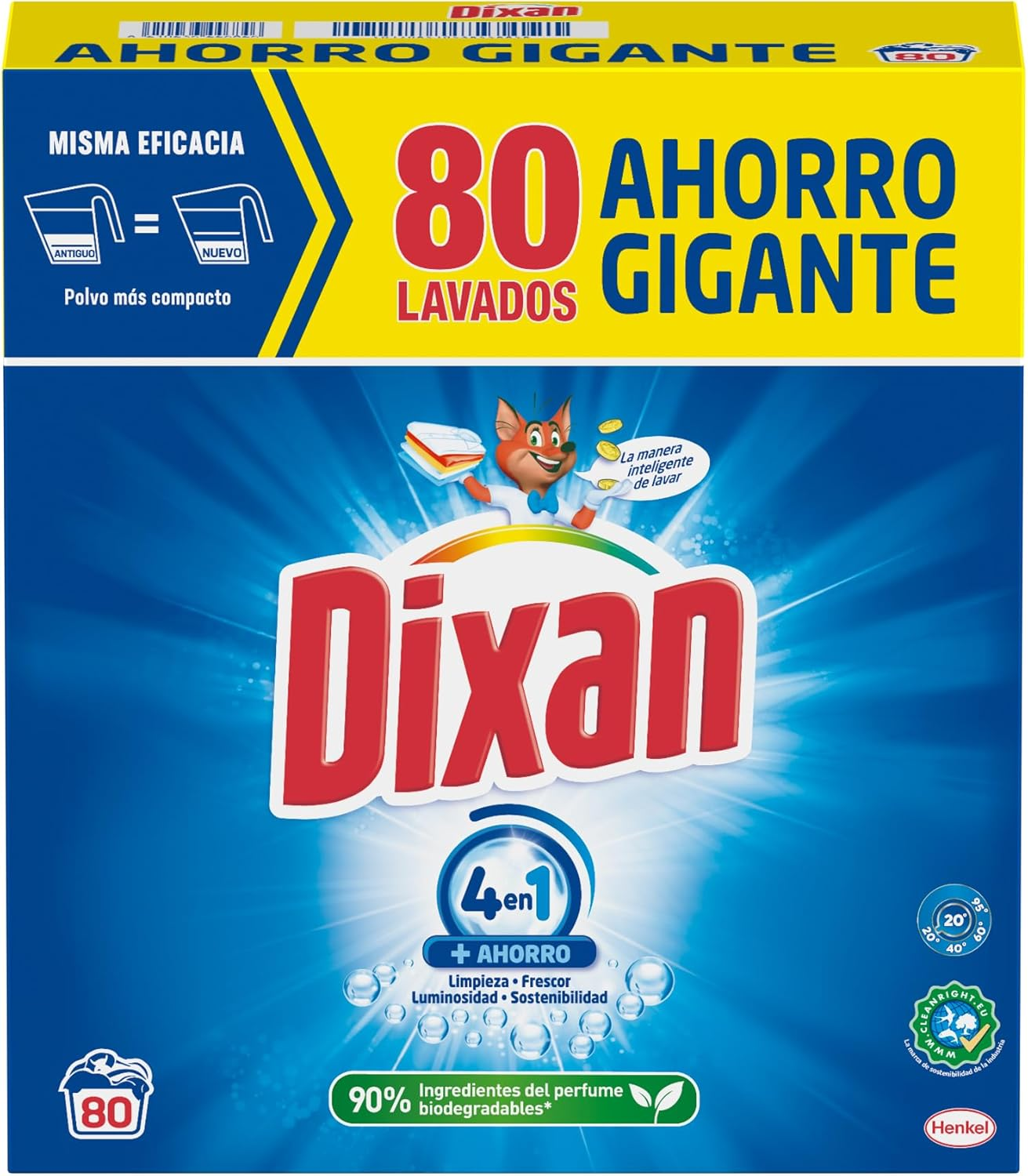 Dixan ▫️ Total Powder 3+1, Detergente em pó para máquinas de lavar roupa (80 lavagens) pó para roupa branca e de cor, Limpeza, brilho e frescura.