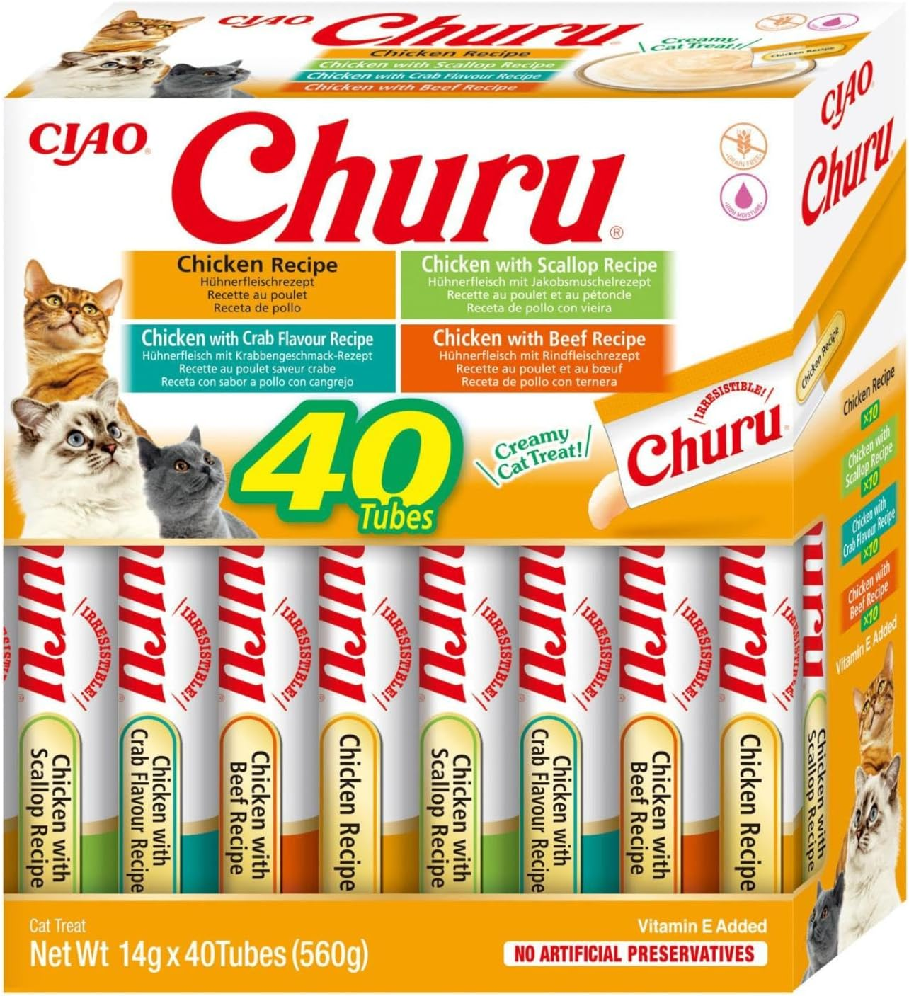 INABA ▫️ Churu - Puré de Frango 4 Sabores - Petiscos Deliciosos - Textura Suave e Cremosa - Alimento para Gatos - 40 Tubos x 14g